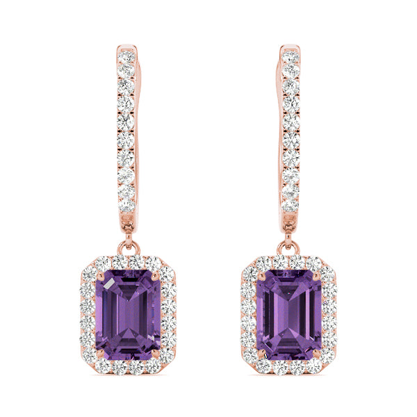 Emerald Cut Halo Drop Earrings