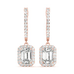 Natural Diamond Emerald Cut Halo Drop Earrings