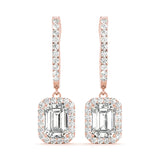 Natural Diamond Emerald Cut Halo Drop Earrings