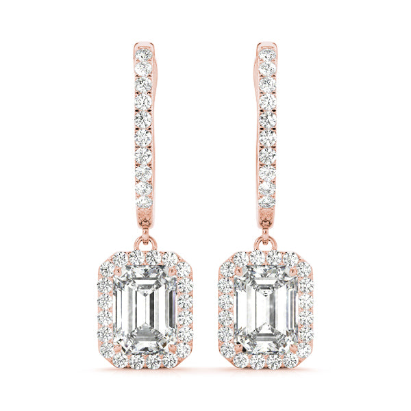Natural Diamond Emerald Cut Halo Drop Earrings