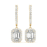 Natural Diamond Emerald Cut Halo Drop Earrings