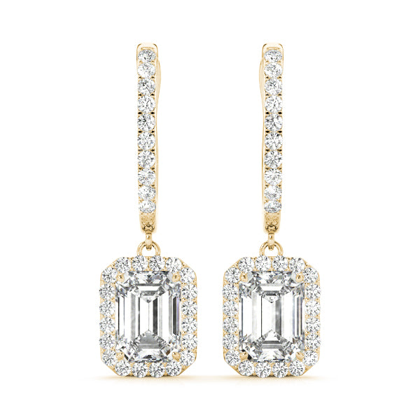 Natural Diamond Emerald Cut Halo Drop Earrings