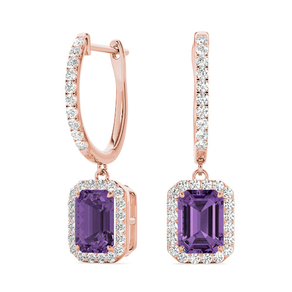 Emerald Cut Halo Drop Earrings