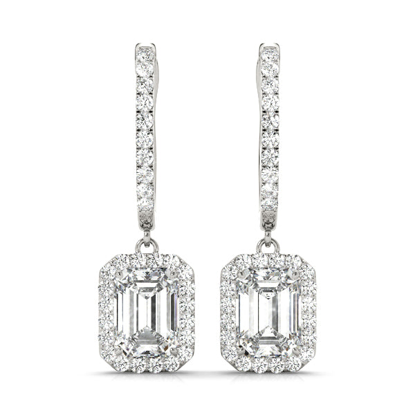 Natural Diamond Emerald Cut Halo Drop Earrings