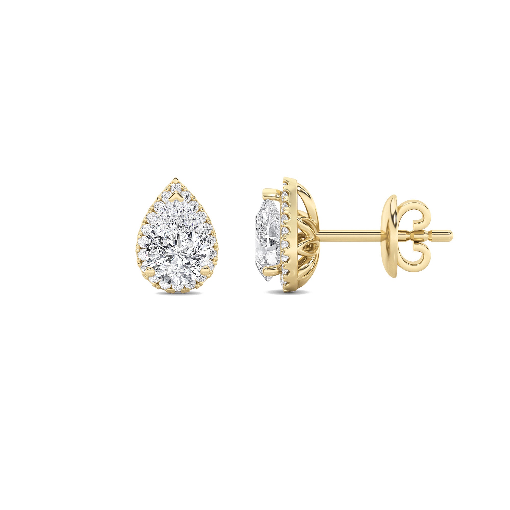 1Cttw Pear Shaped Lab Grown Diamond (F/VS) Halo Stud Earrings in 14K Gold