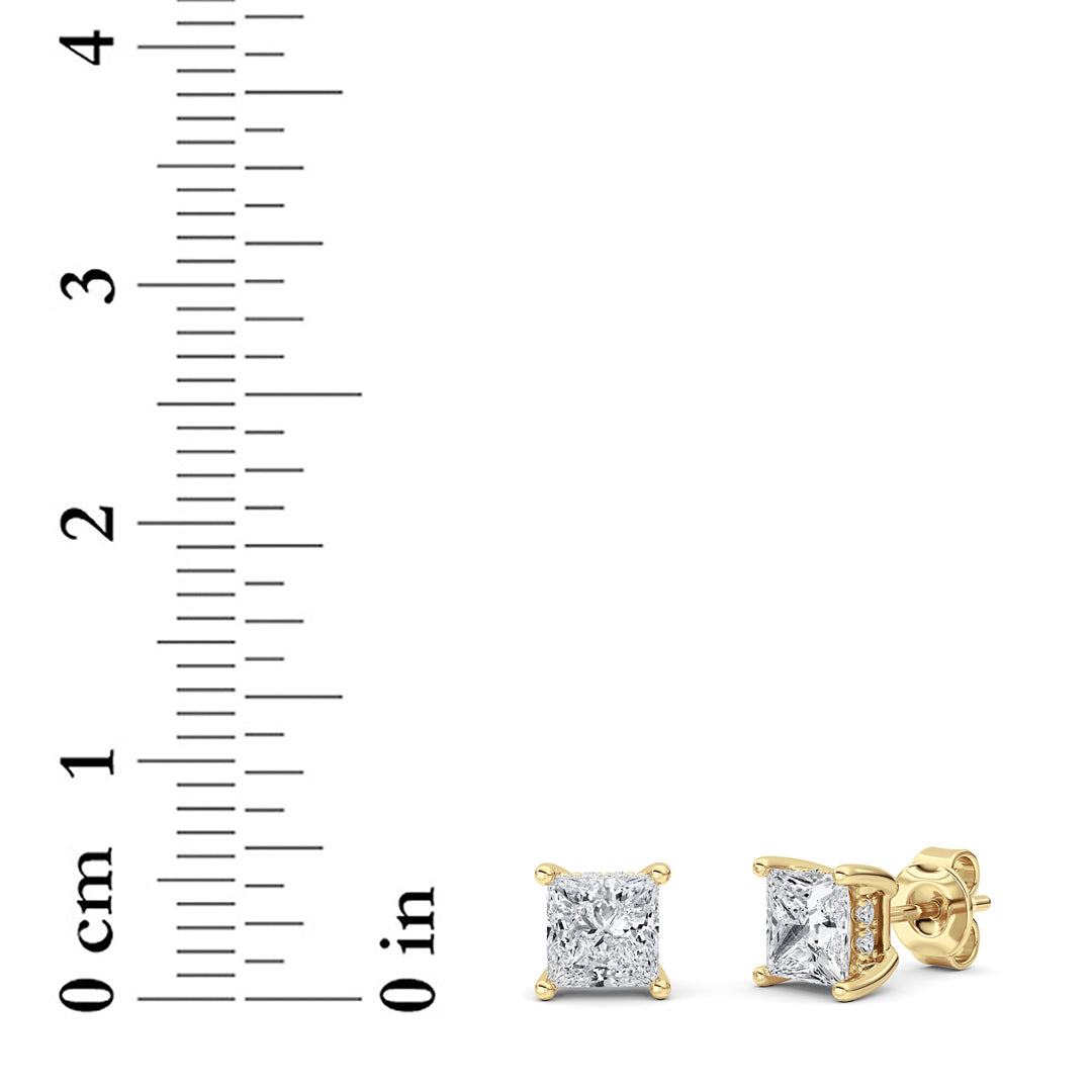 2Cttw Princess Shaped Lab Grown Diamond (F/VS) Hidden Halo Stud Earrings in 14K Gold