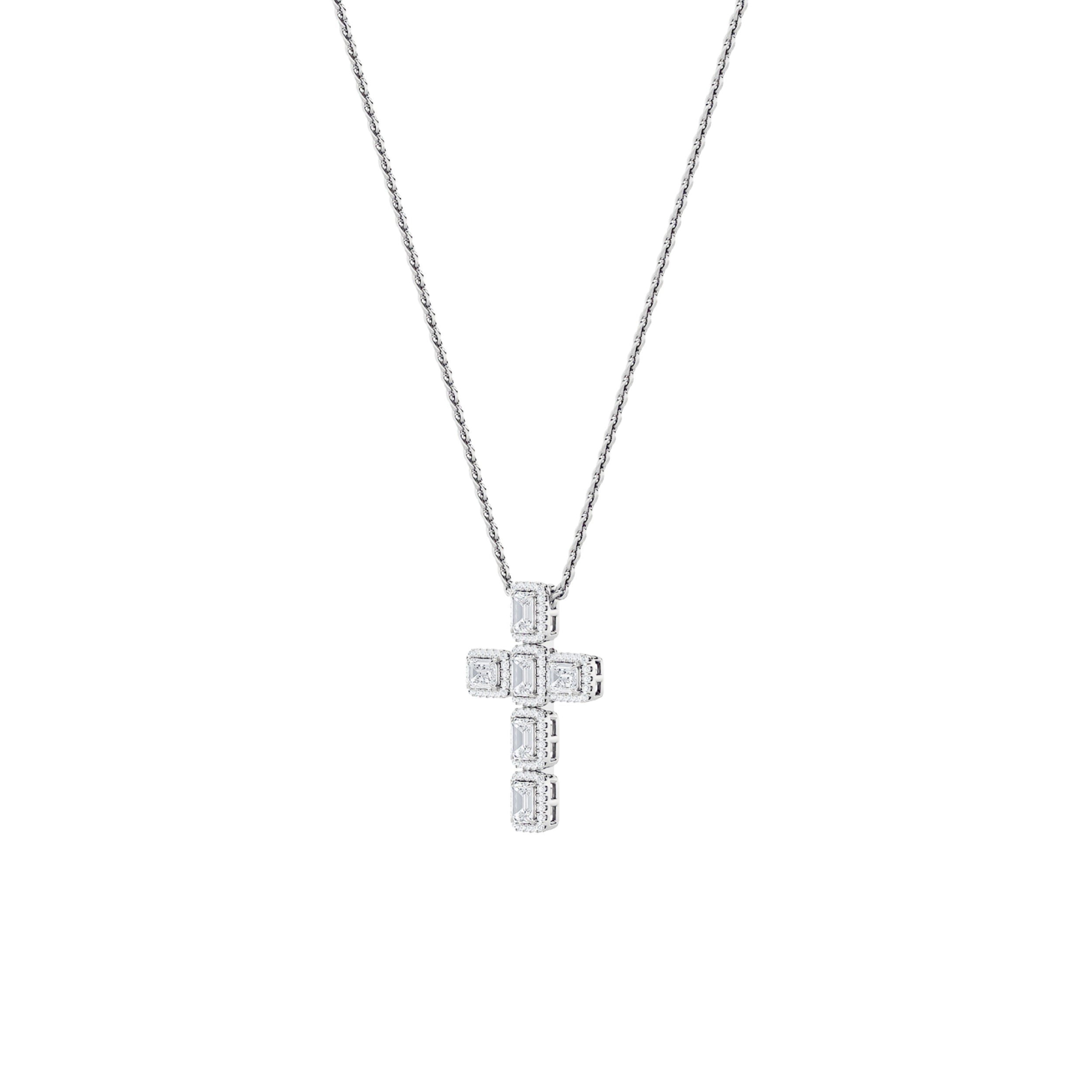 3Cttw Emerald Shaped Lab Grown Diamond (F/VS) Cross Pendant in 14K Gold