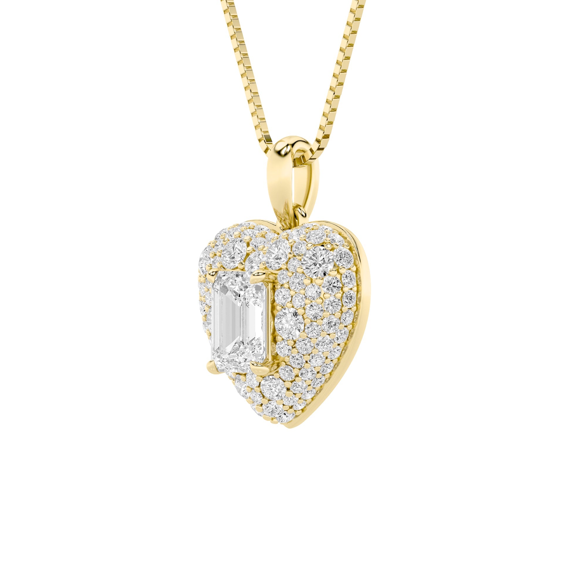 2Cttw Emerald Shaped Lab Grown Diamond (F/VS) Pave Accented Heart Shaped Pendant in 14K Gold