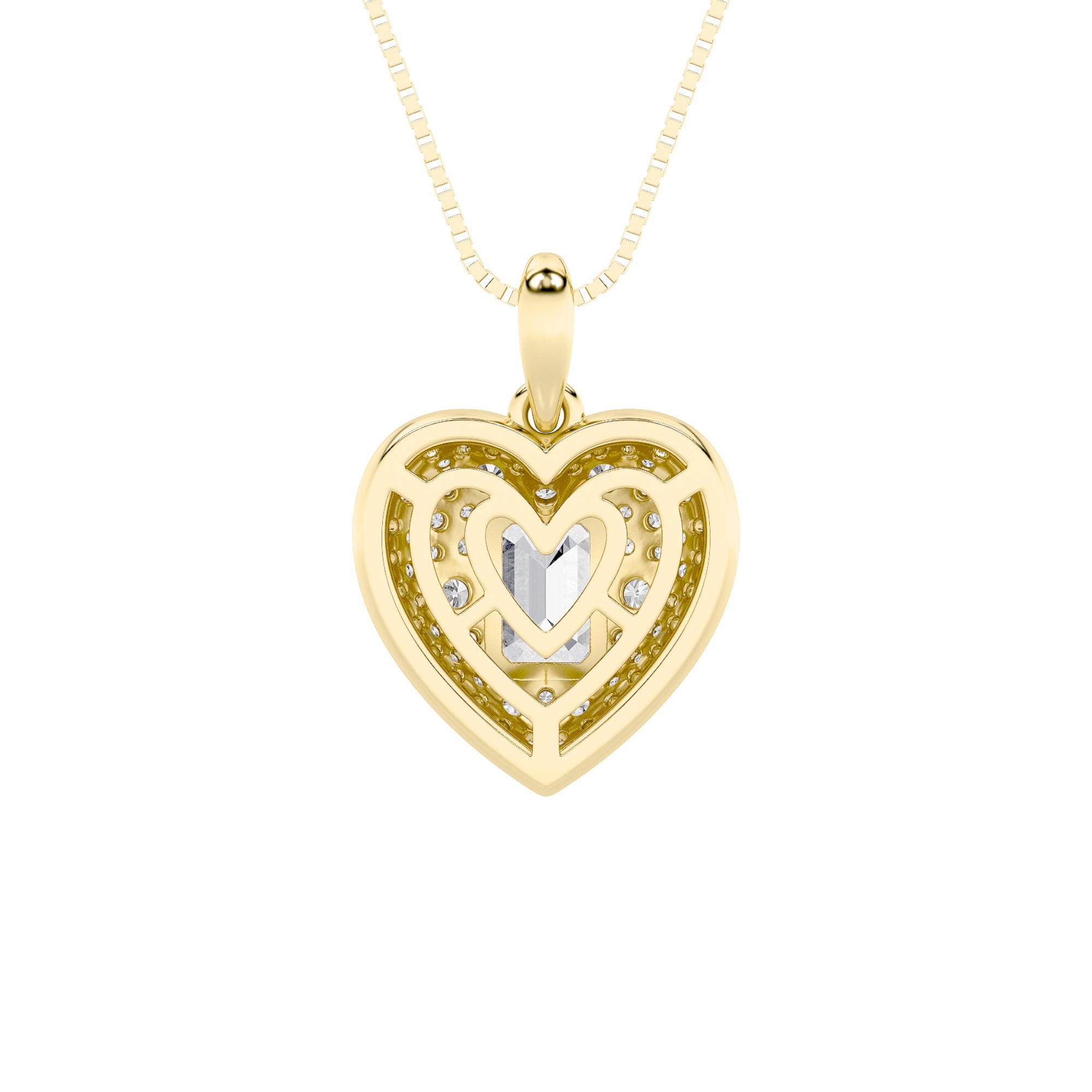 2Cttw Emerald Shaped Lab Grown Diamond (F/VS) Pave Accented Heart Shaped Pendant in 14K Gold