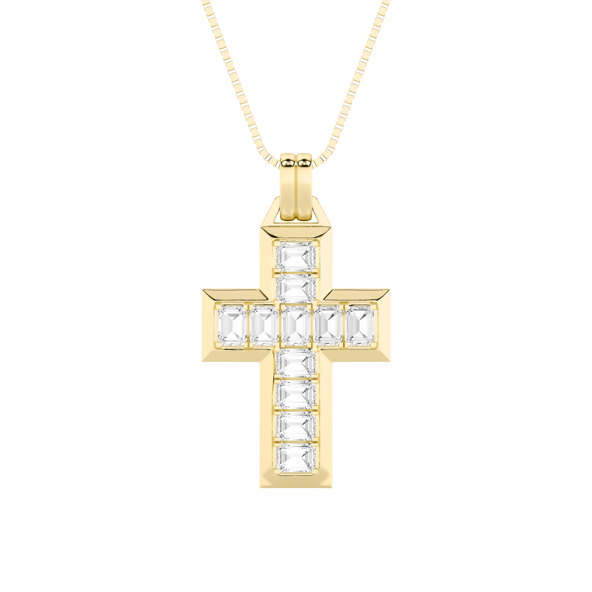 3Cttw Emerald Shaped Lab Grown Diamond (F/VS) Cross Pendant in 14K Gold