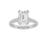 3Cttw Emerald Shaped Lab Grown Diamond (F/VS) Triple Row Accented Engagement Ring in 14K Gold