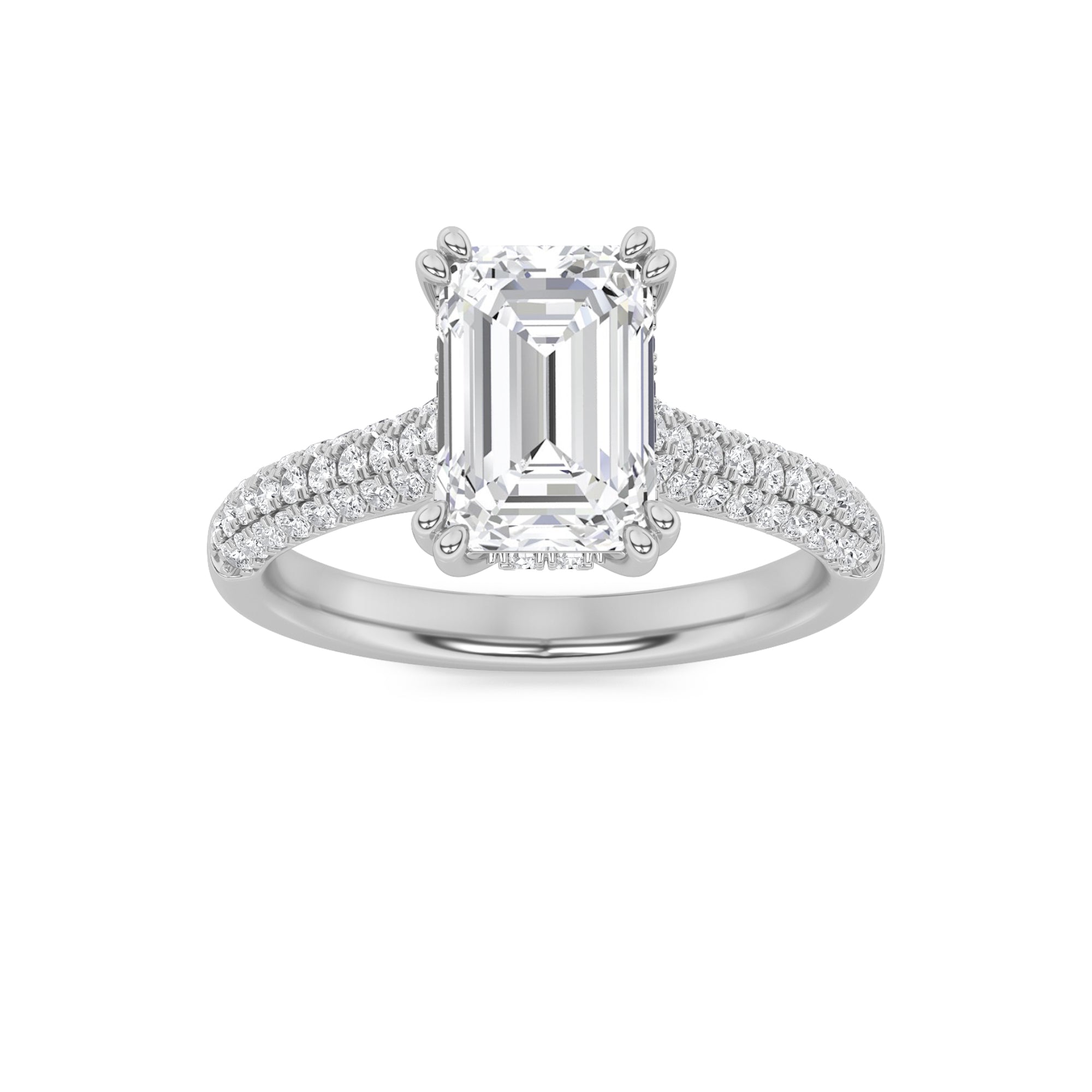3Cttw Emerald Shaped Lab Grown Diamond (F/VS) Triple Row Accented Engagement Ring in 14K Gold