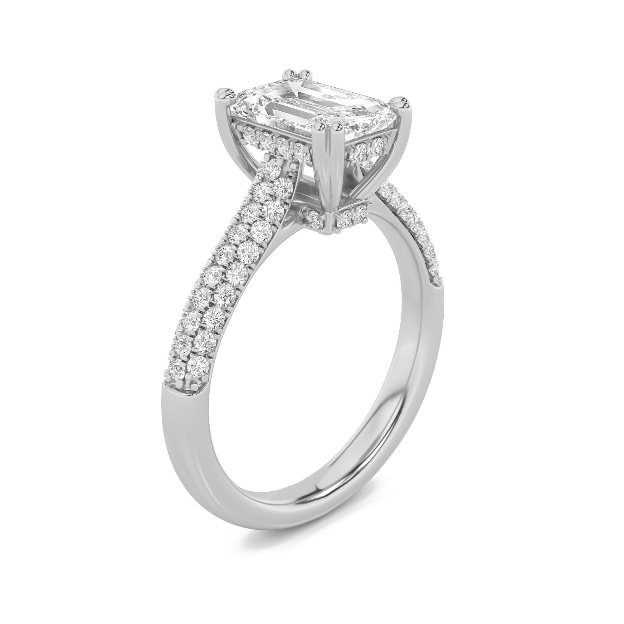 3Cttw Emerald Shaped Lab Grown Diamond (F/VS) Triple Row Accented Engagement Ring in 14K Gold