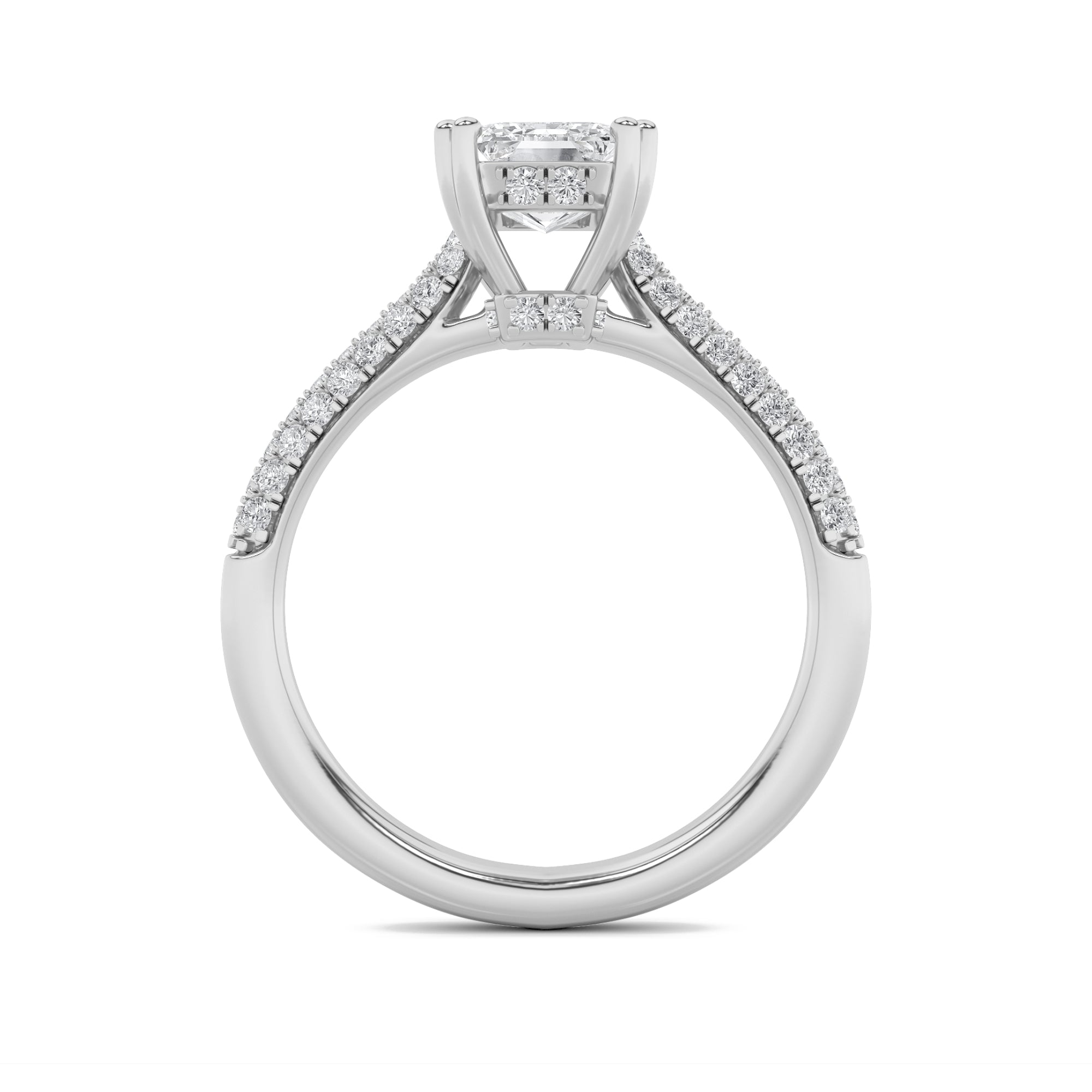 3Cttw Emerald Shaped Lab Grown Diamond (F/VS) Triple Row Accented Engagement Ring in 14K Gold