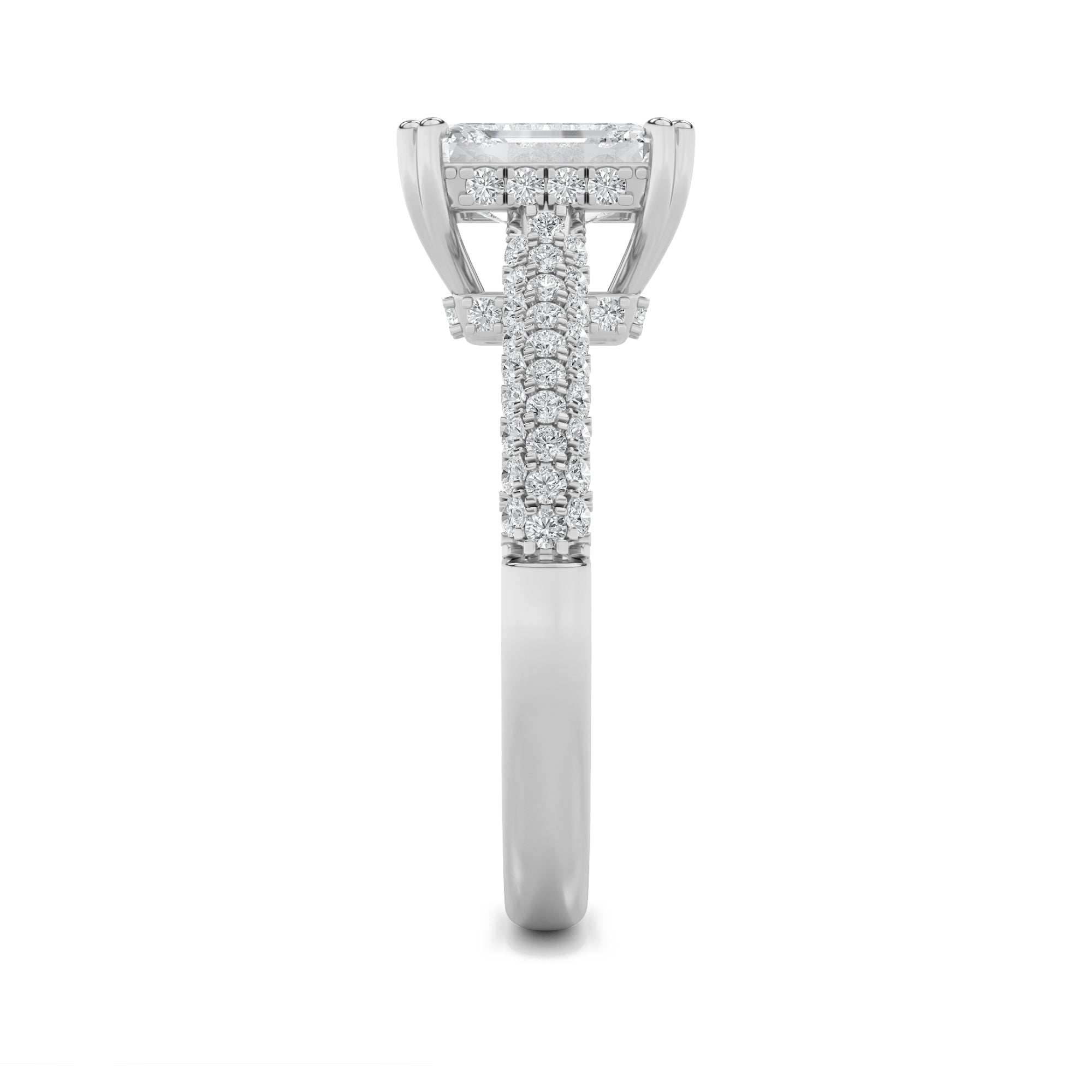 3Cttw Emerald Shaped Lab Grown Diamond (F/VS) Triple Row Accented Engagement Ring in 14K Gold