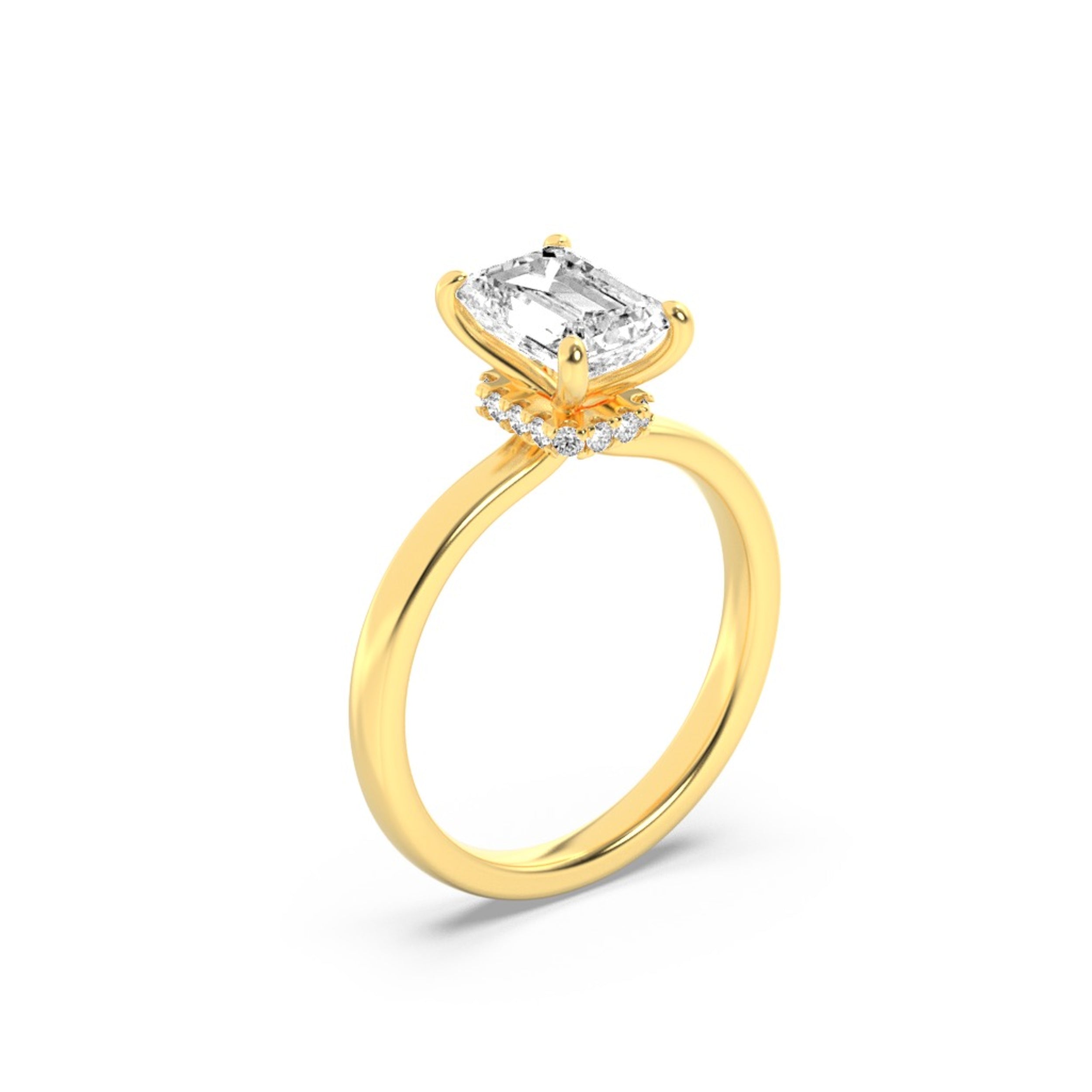 1Cttw Emerald Shaped Lab Grown Diamond (F/VS) Hidden Halo Plain Shank Engagement Ring in 14K Gold