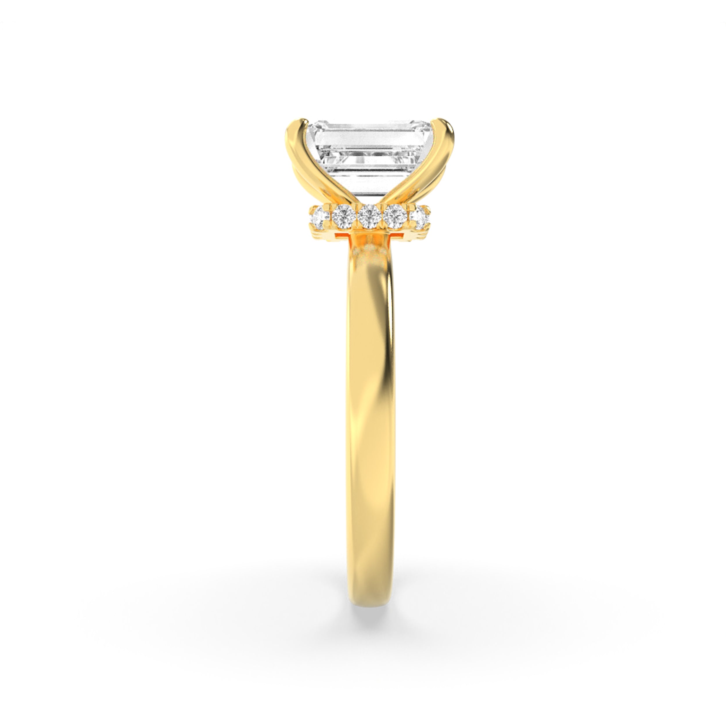 1Cttw Emerald Shaped Lab Grown Diamond (F/VS) Hidden Halo Plain Shank Engagement Ring in 14K Gold