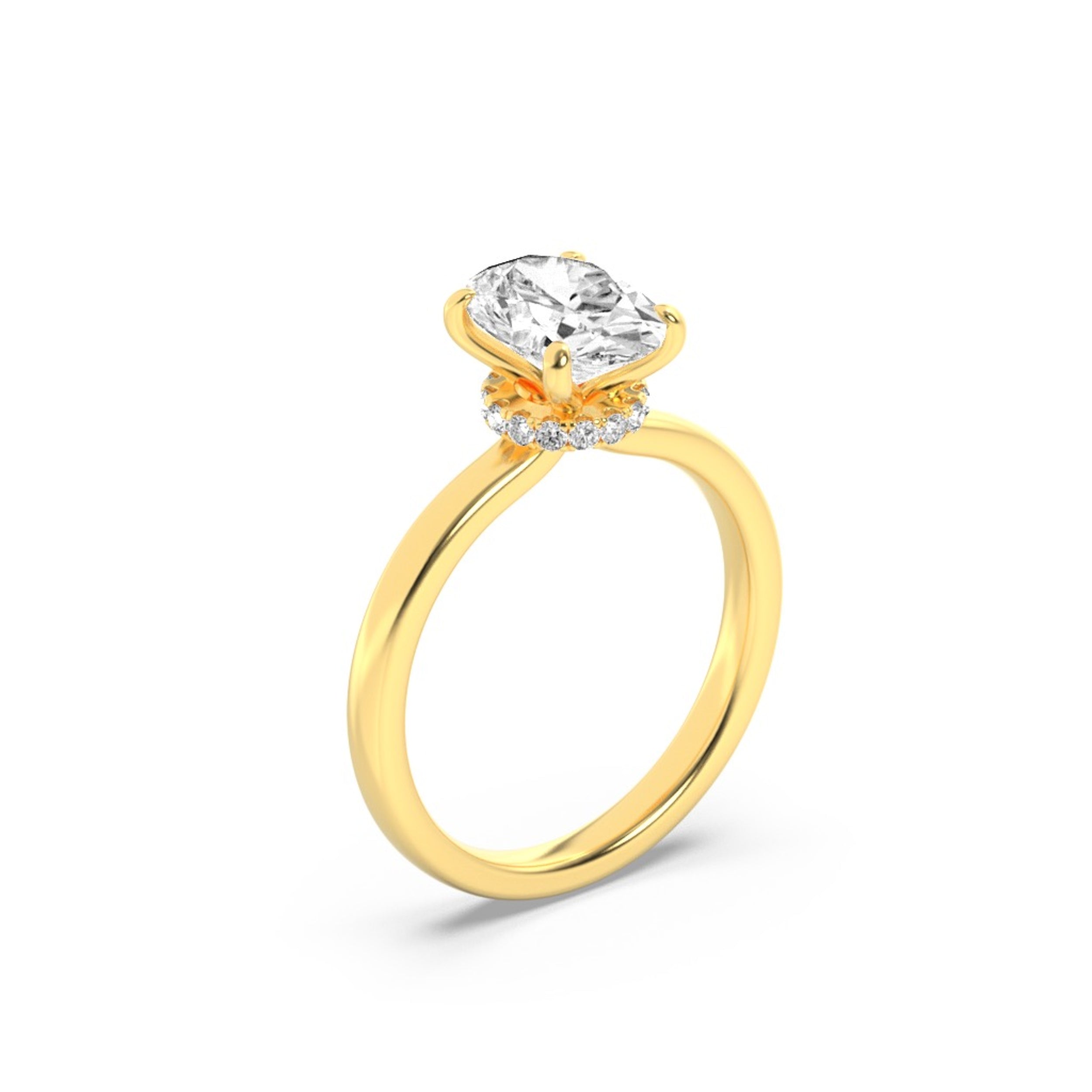 1Cttw Oval Shaped Lab Grown Diamond (F/VS) Hidden Halo Plain Shank Engagement Ring in 14K Gold