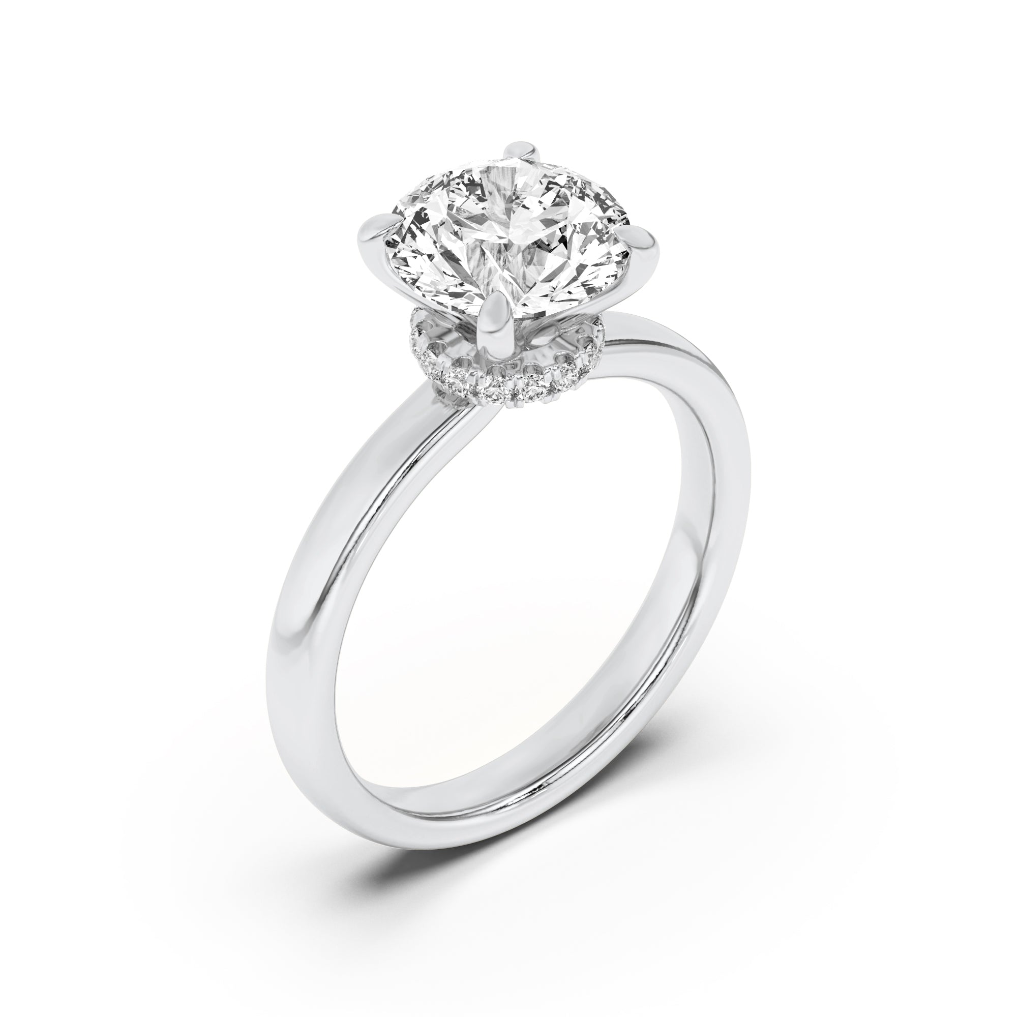 2Cttw Round Shaped Lab Grown Diamond (F/VS) Hidden Halo Plain Shank Engagement Ring in 14K Gold