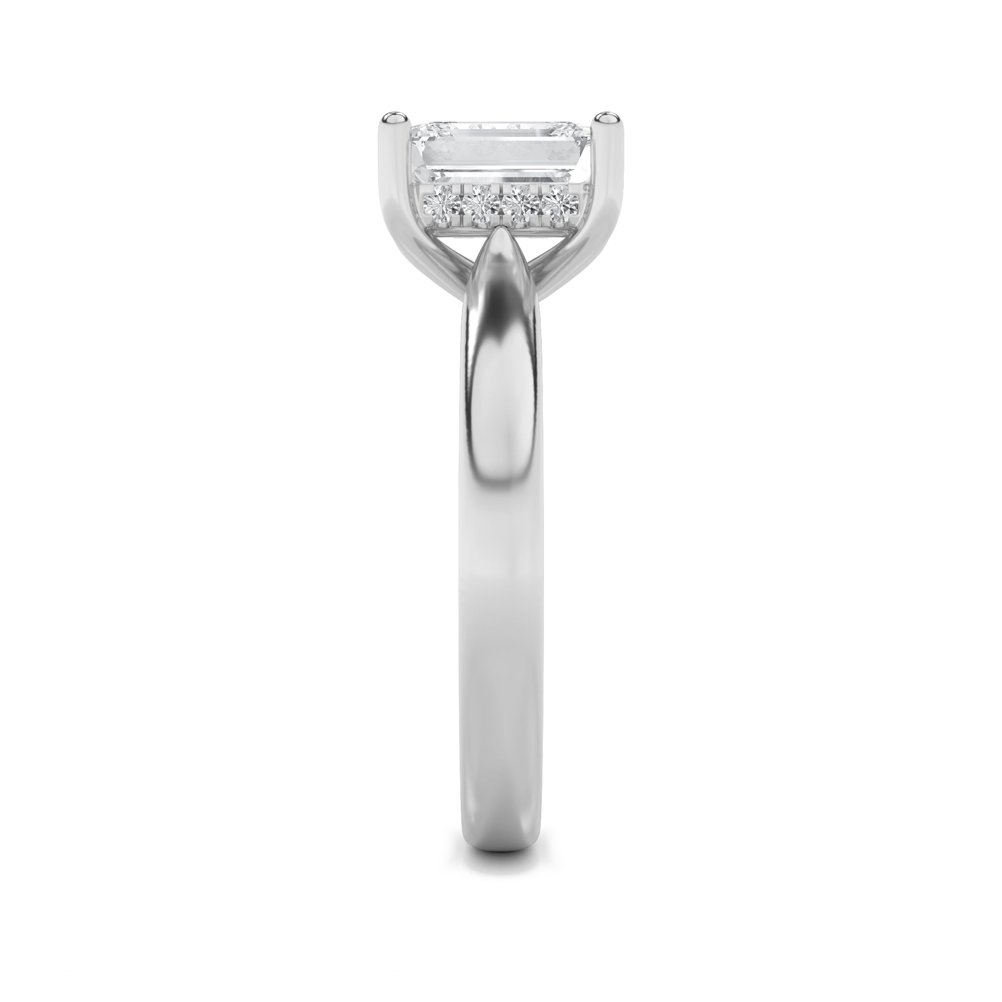 2Cttw Emerald Shaped Lab Grown Diamond (F/VS) Hidden Halo Cathedral Shank Engagement Ring in 14K Gold