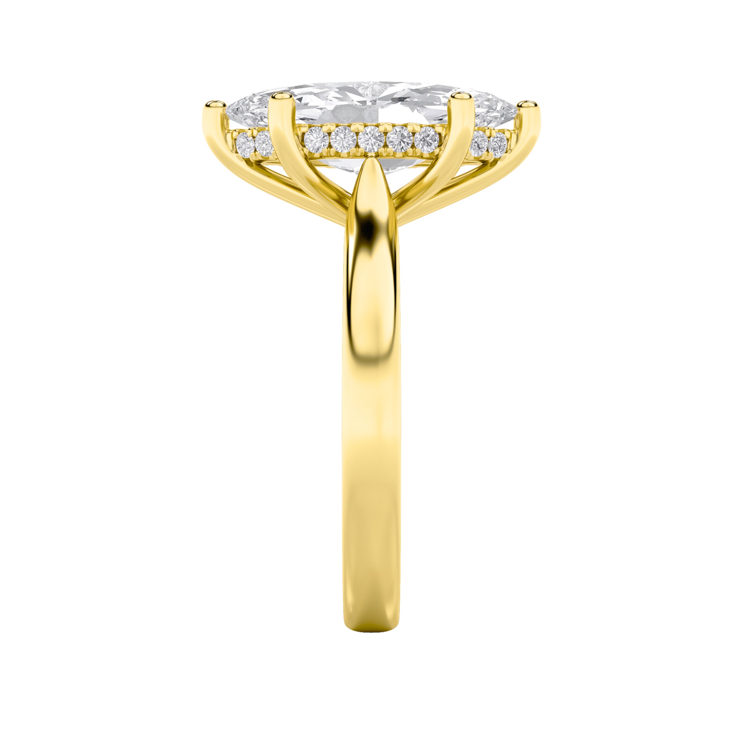 1Cttw Marquise Shaped Lab Grown Diamond (F/VS) Hidden Halo Cathedral Shank Engagement Ring in 14K Gold