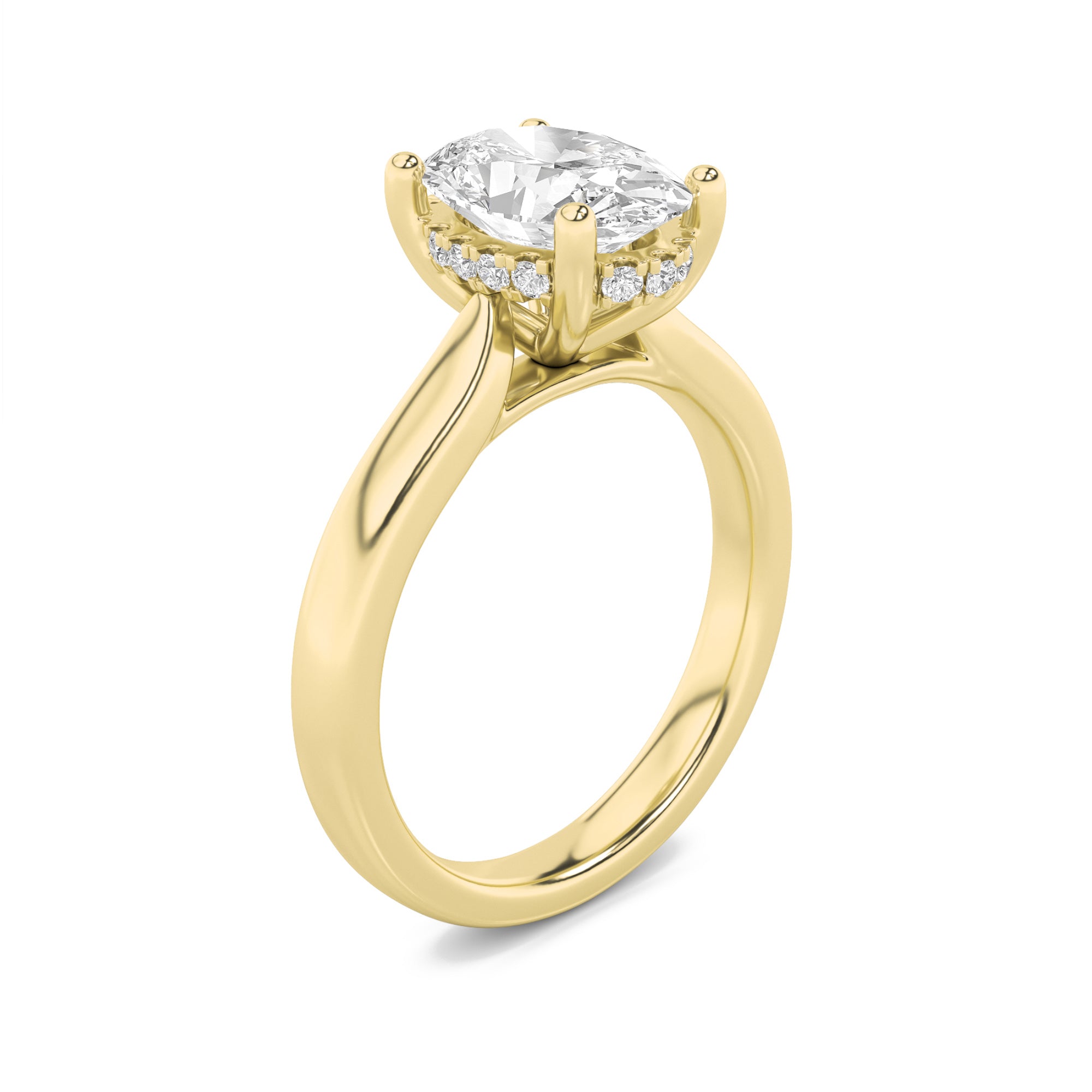 3Cttw Oval Shaped Lab Grown Diamond (F/VS) Hidden Halo Cathedral Shank Engagement Ring in 14K Gold