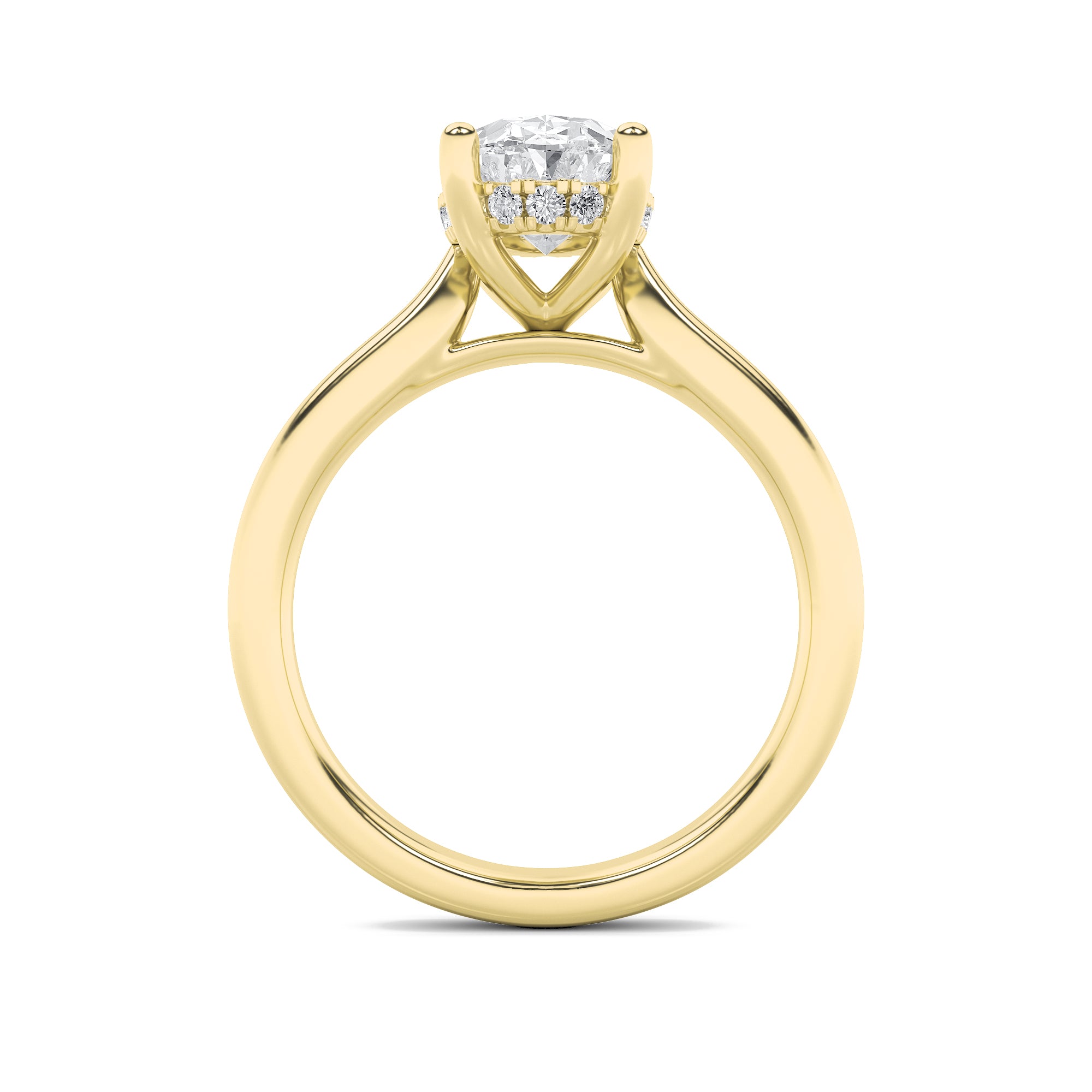 3Cttw Oval Shaped Lab Grown Diamond (F/VS) Hidden Halo Cathedral Shank Engagement Ring in 14K Gold