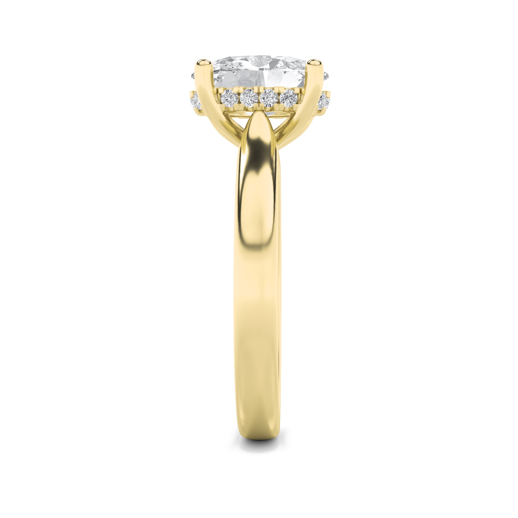 3Cttw Oval Shaped Lab Grown Diamond (F/VS) Hidden Halo Cathedral Shank Engagement Ring in 14K Gold