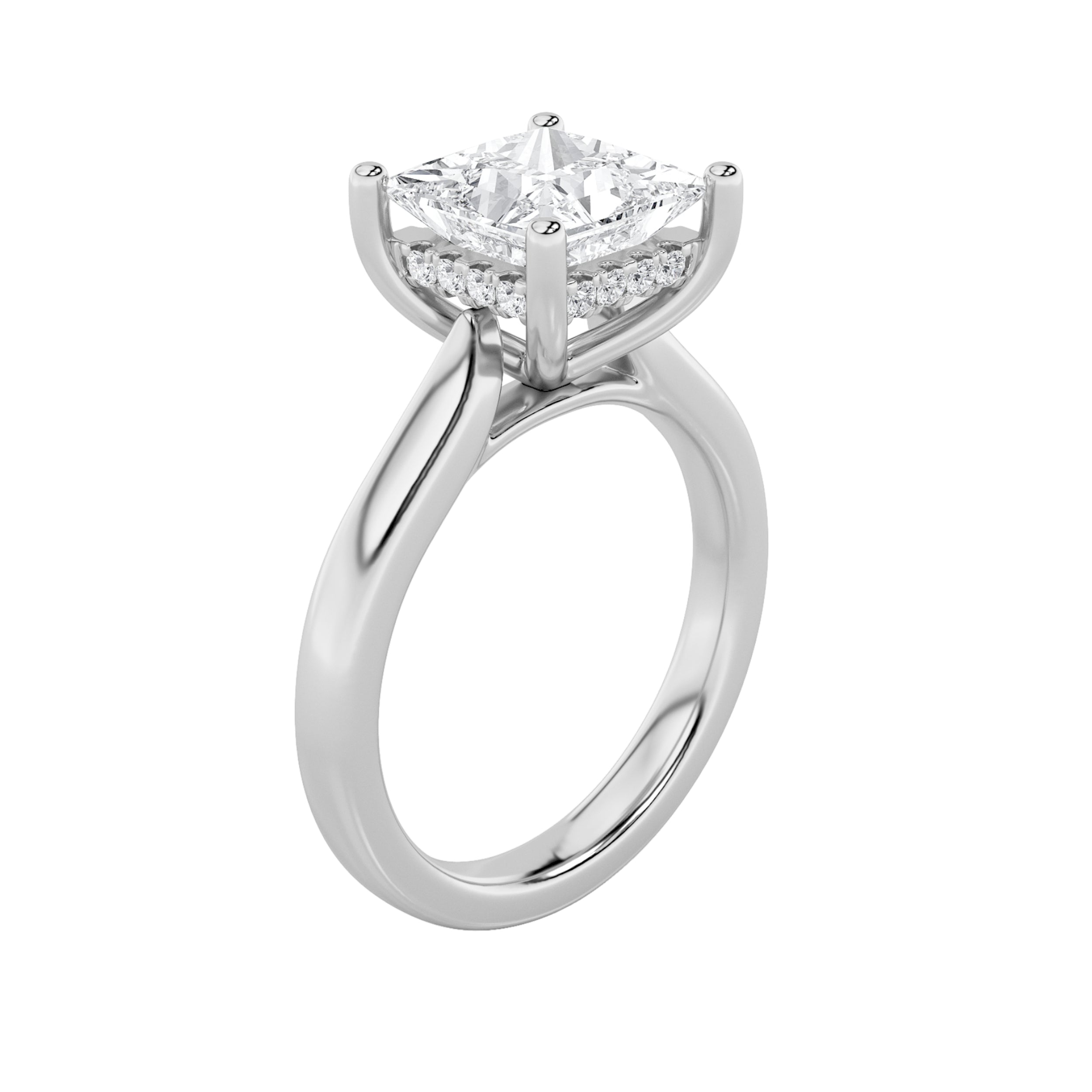 1Cttw Princess Shaped Lab Grown Diamond (F/VS) Hidden Halo Cathedral Shank Engagement Ring in 14K Gold
