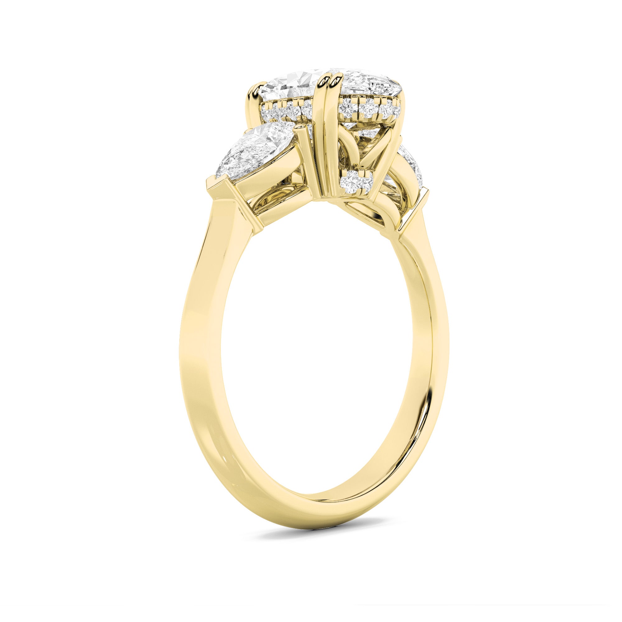 3Cttw Oval Shaped Lab Grown Diamond (F/VS) Three Stone Hidden Halo Ring in 14K Gold