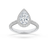 3Cttw Pear Shaped Lab Grown Diamond (F/VS) Halo Accented Engagement Ring in 14K Gold