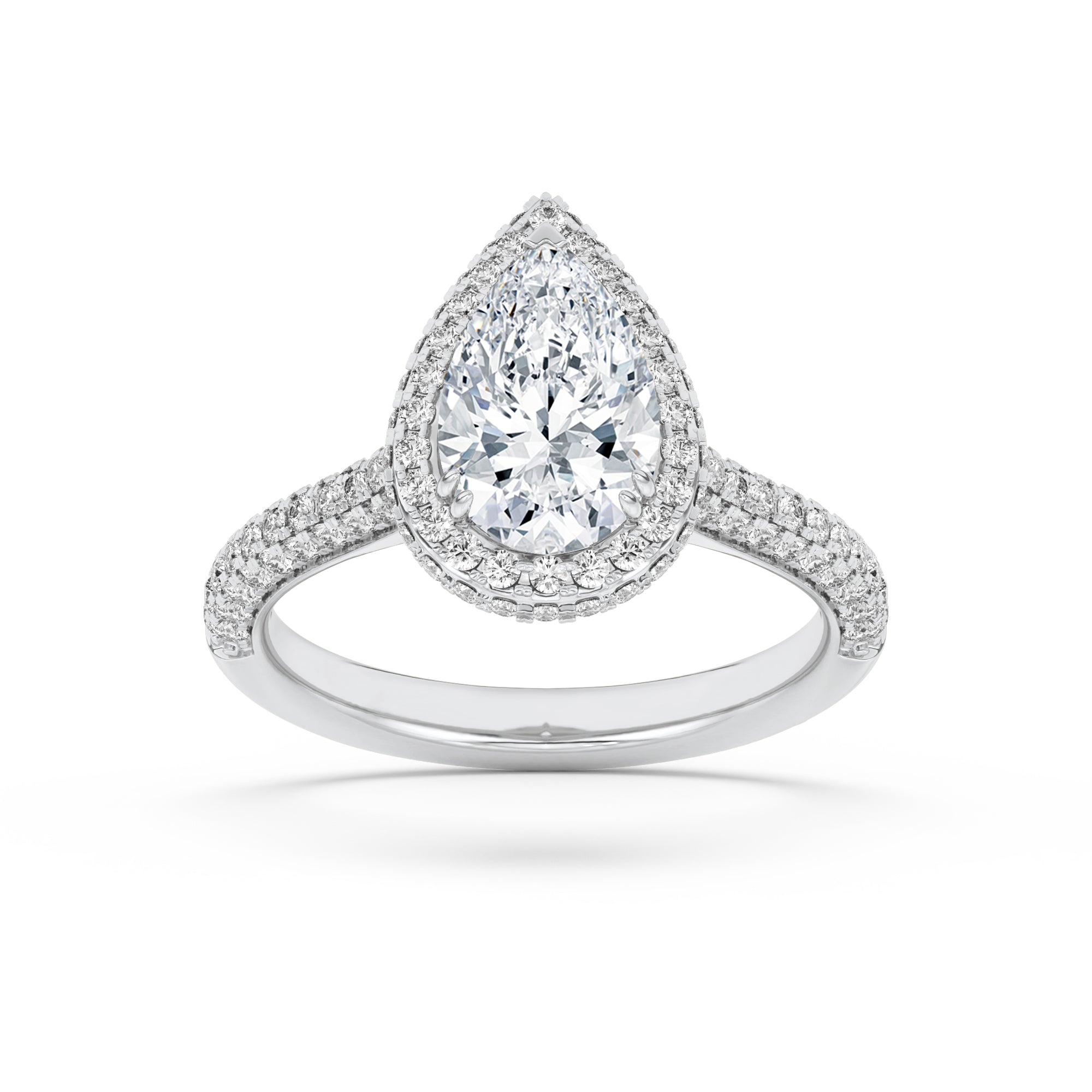 3Cttw Pear Shaped Lab Grown Diamond (F/VS) Halo Accented Engagement Ring in 14K Gold