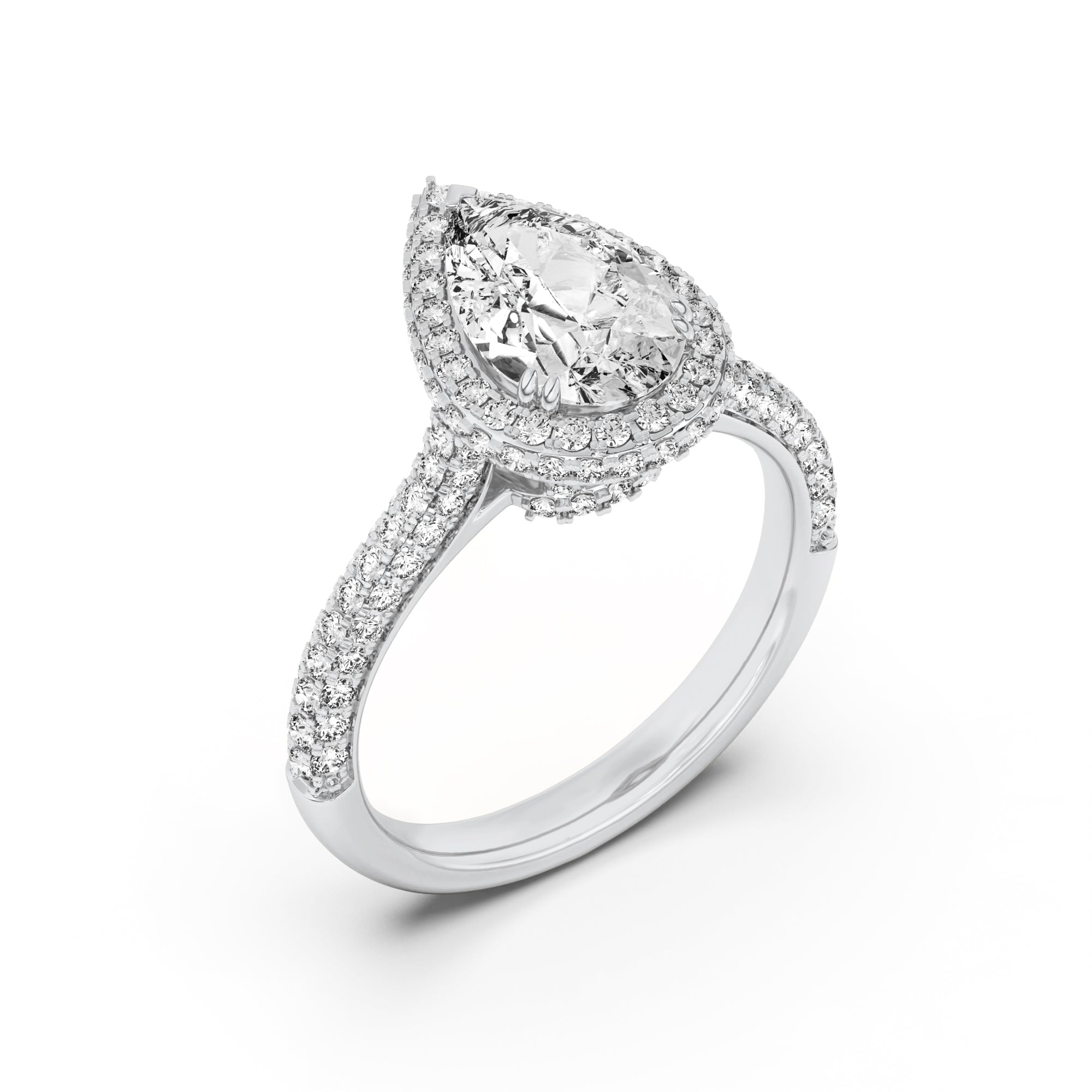 3Cttw Pear Shaped Lab Grown Diamond (F/VS) Halo Accented Engagement Ring in 14K Gold
