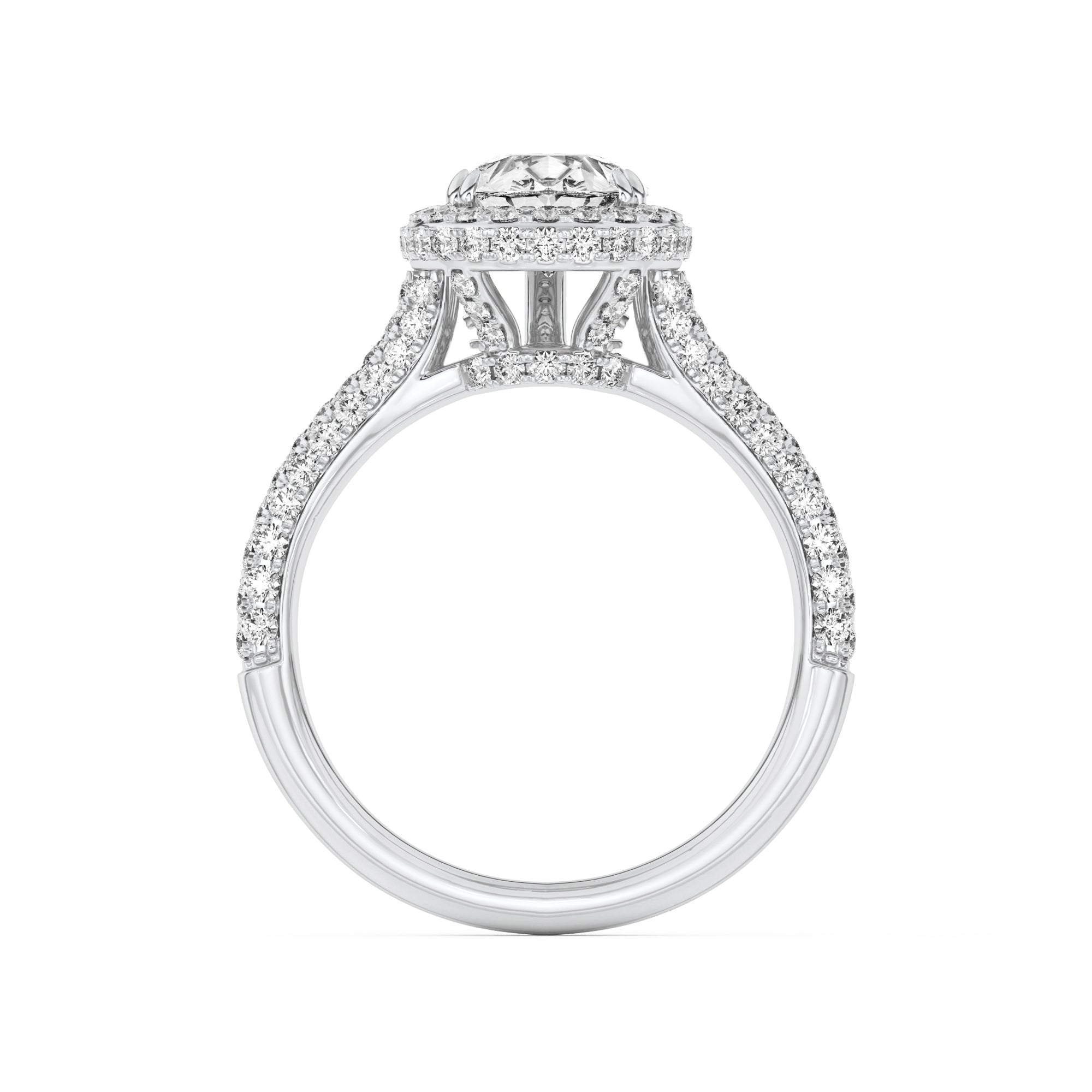 3Cttw Pear Shaped Lab Grown Diamond (F/VS) Halo Accented Engagement Ring in 14K Gold