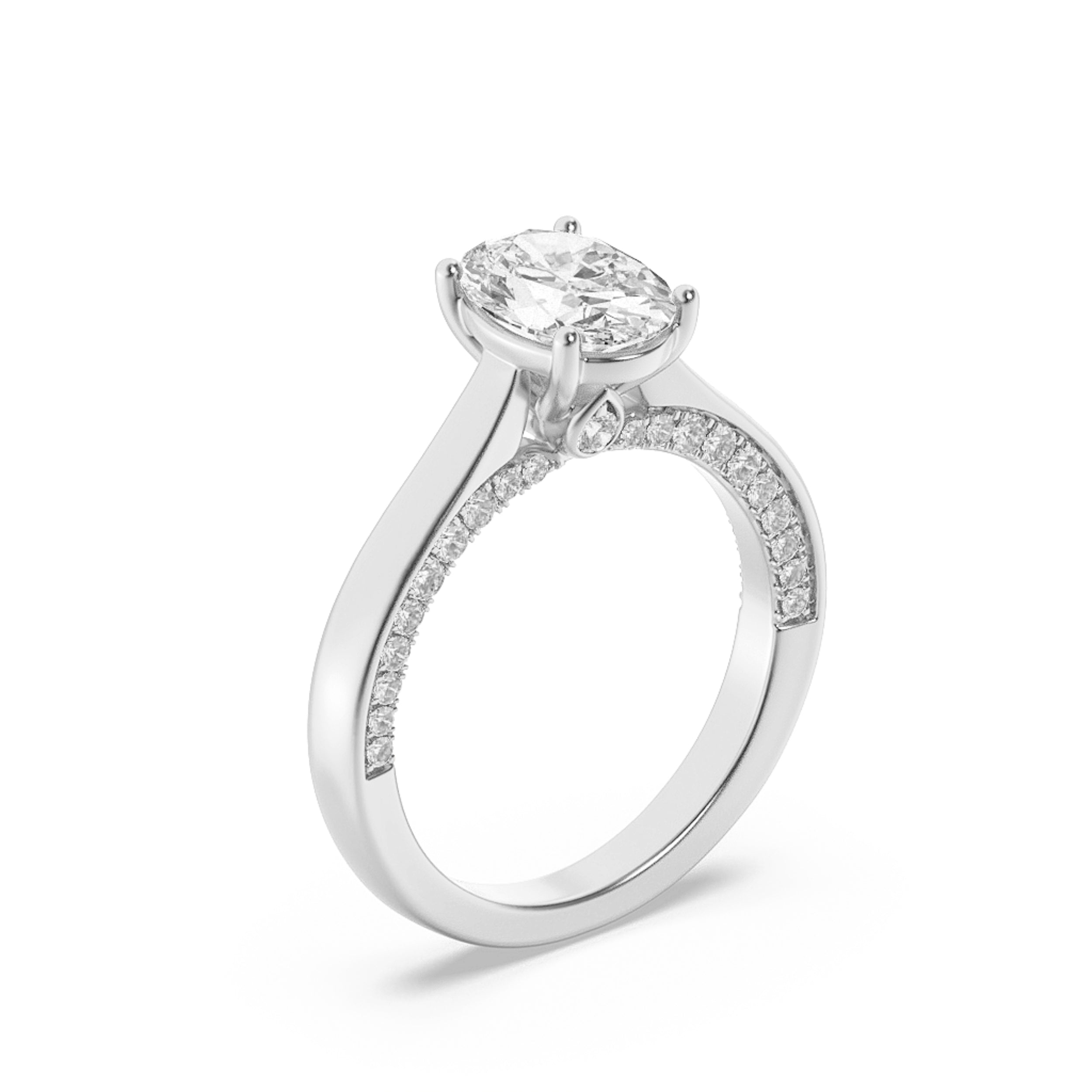 2Cttw Oval Shaped Lab Grown Diamond (F/VS) Accented Bridge Shank Engagement Ring in 14K Gold