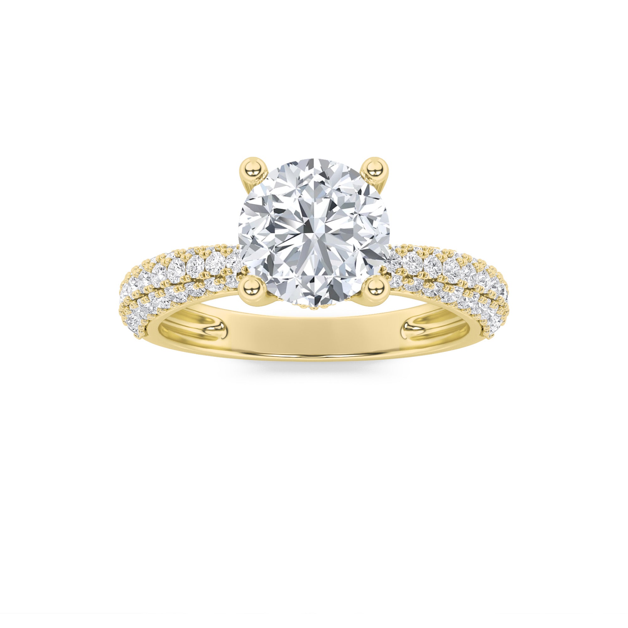2Cttw Round Shaped Lab Grown Diamond (F/VS) Three Row Micro Pave Engagement Ring in 14K Gold