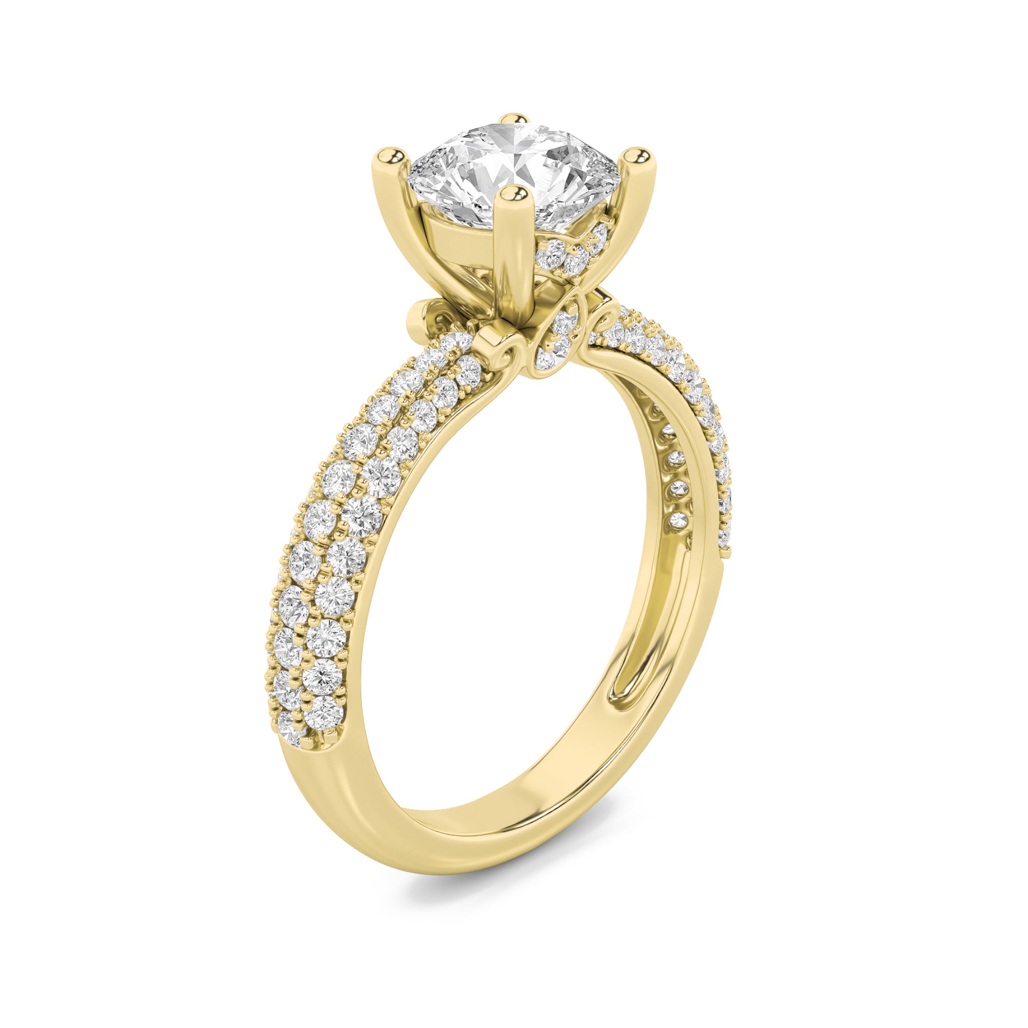 2Cttw Round Shaped Lab Grown Diamond (F/VS) Three Row Micro Pave Engagement Ring in 14K Gold