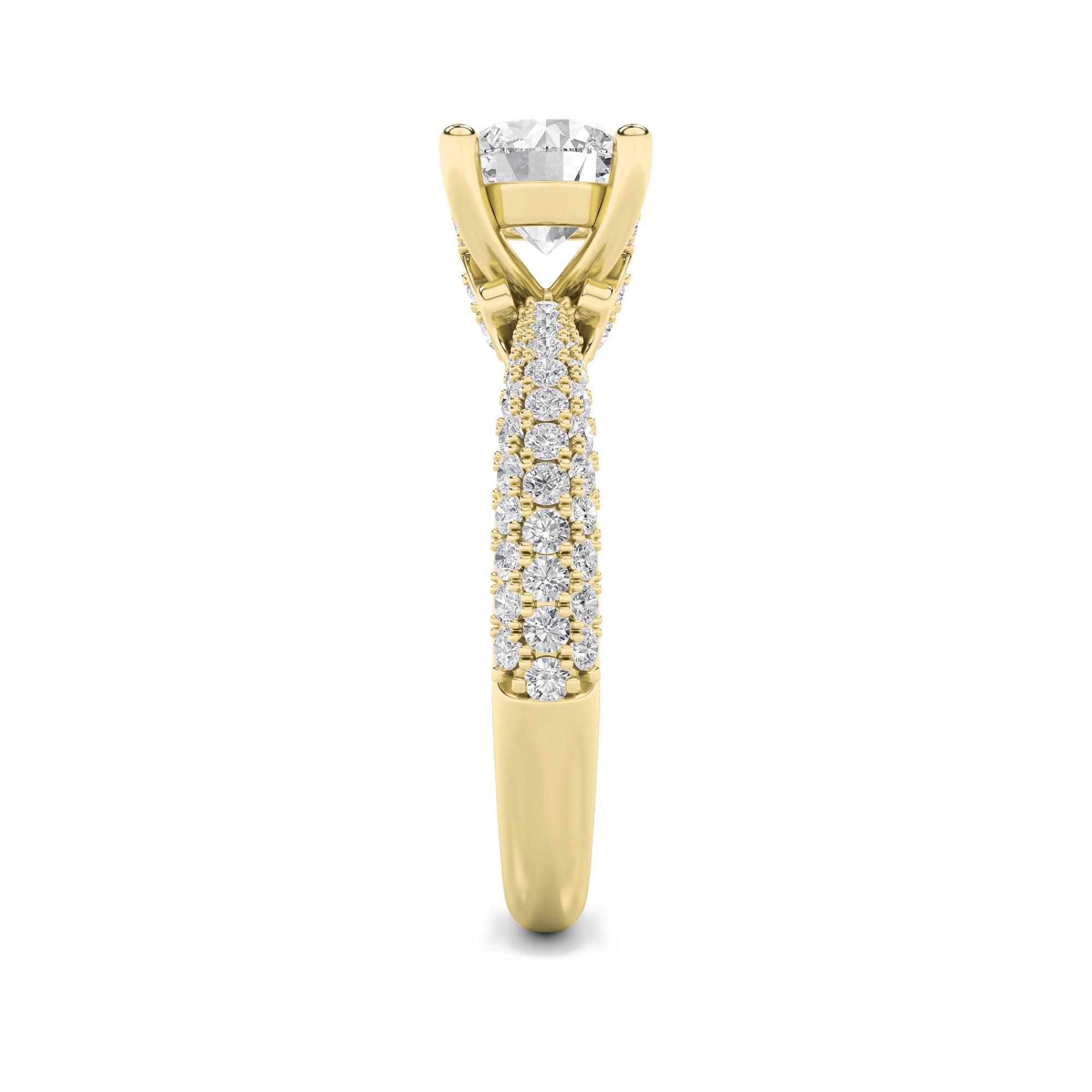 2Cttw Round Shaped Lab Grown Diamond (F/VS) Three Row Micro Pave Engagement Ring in 14K Gold