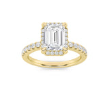 2Cttw Emerald Shaped Lab Grown Diamond (F/VS) Halo Accented Engagement Ring in 14K Gold