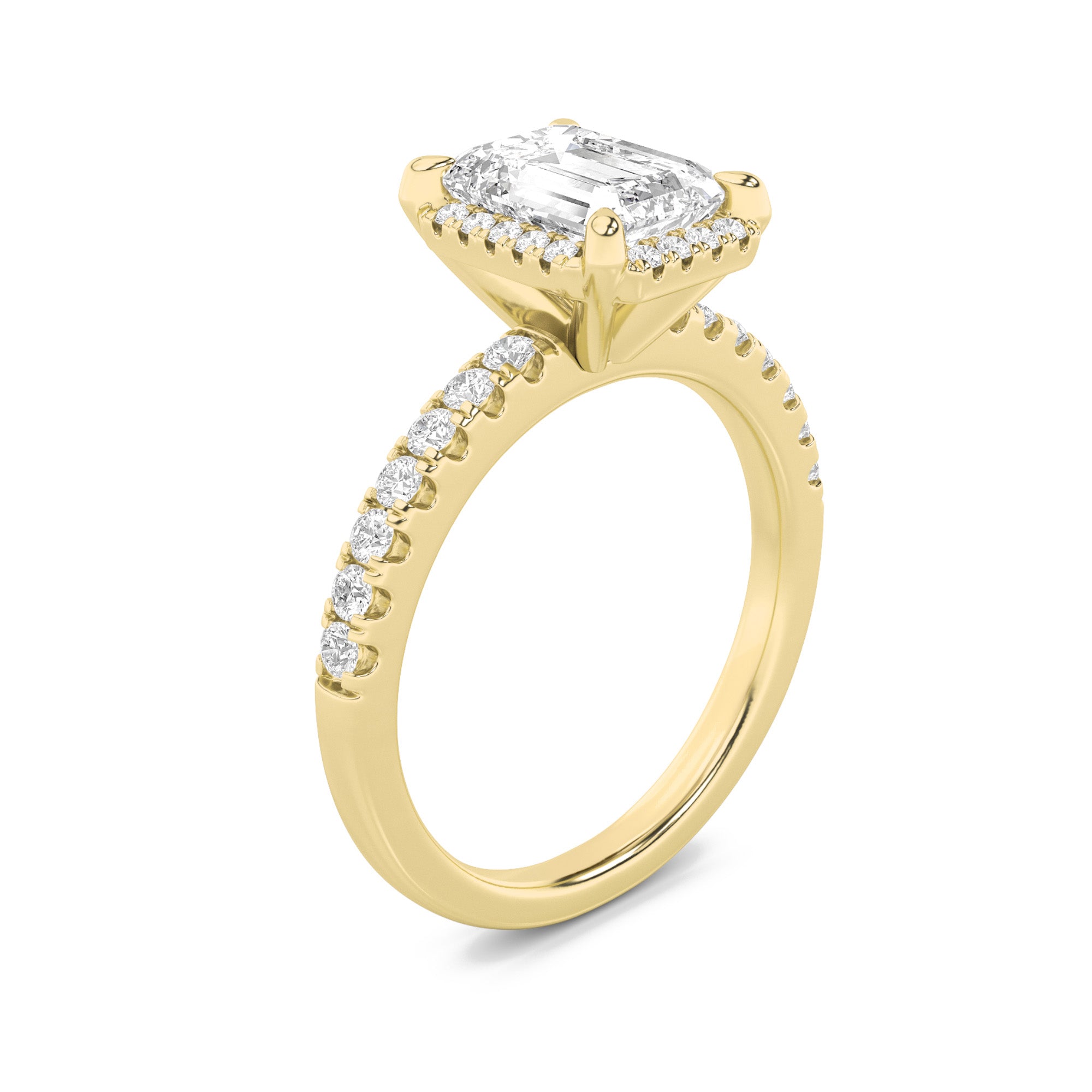 2Cttw Emerald Shaped Lab Grown Diamond (F/VS) Halo Accented Engagement Ring in 14K Gold