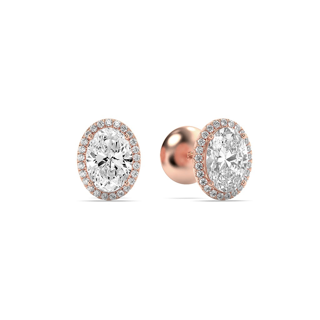 3Cttw Oval Shaped Lab Grown Diamond (F/VS) Halo Stud Earrings in 14K Gold