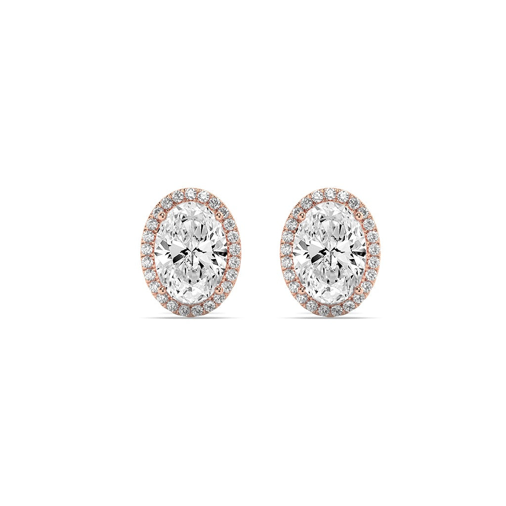 3Cttw Oval Shaped Lab Grown Diamond (F/VS) Halo Stud Earrings in 14K Gold