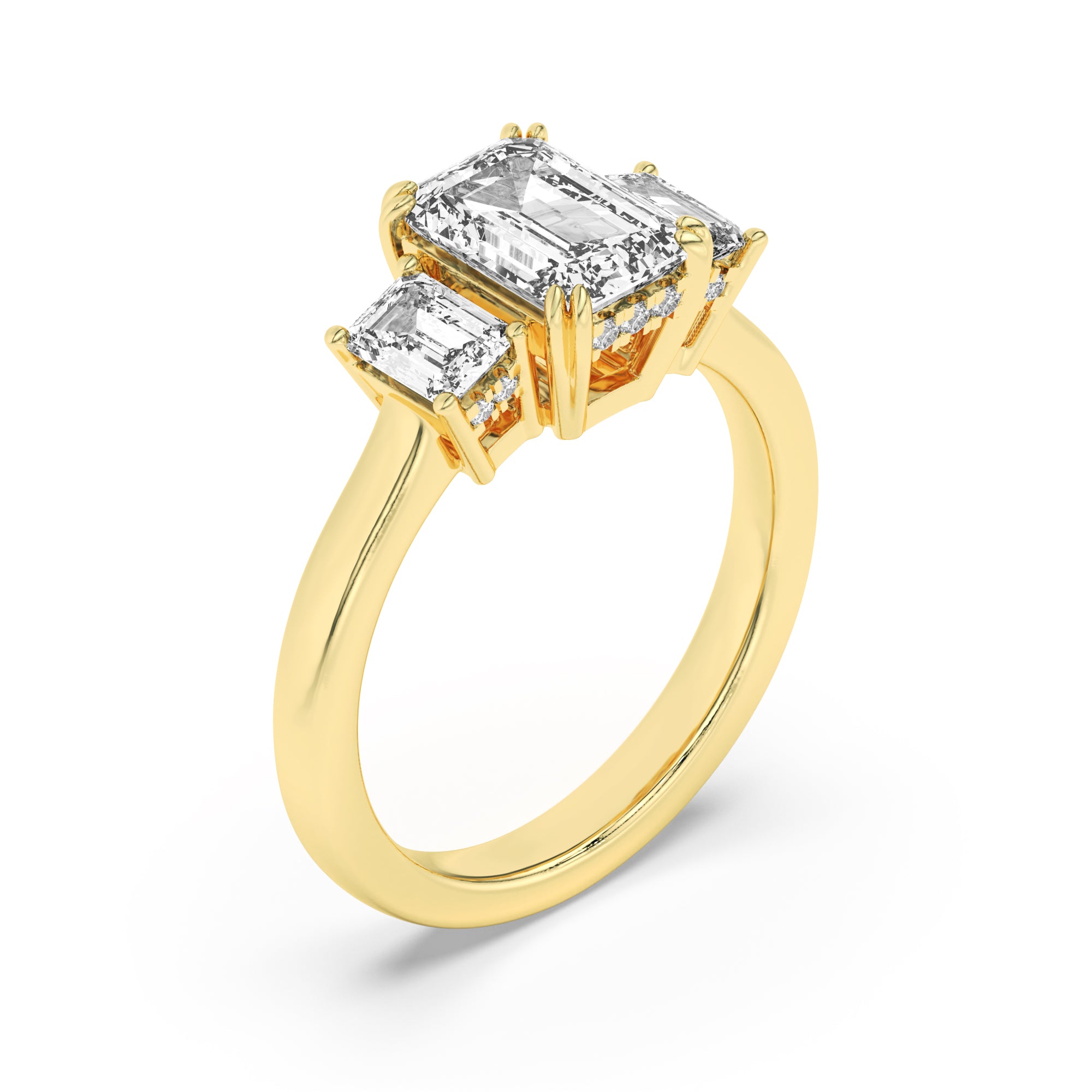 3Cttw Emerald Shaped Lab Grown Diamond (F/VS) Three Stone Accented Ring in 14K Gold