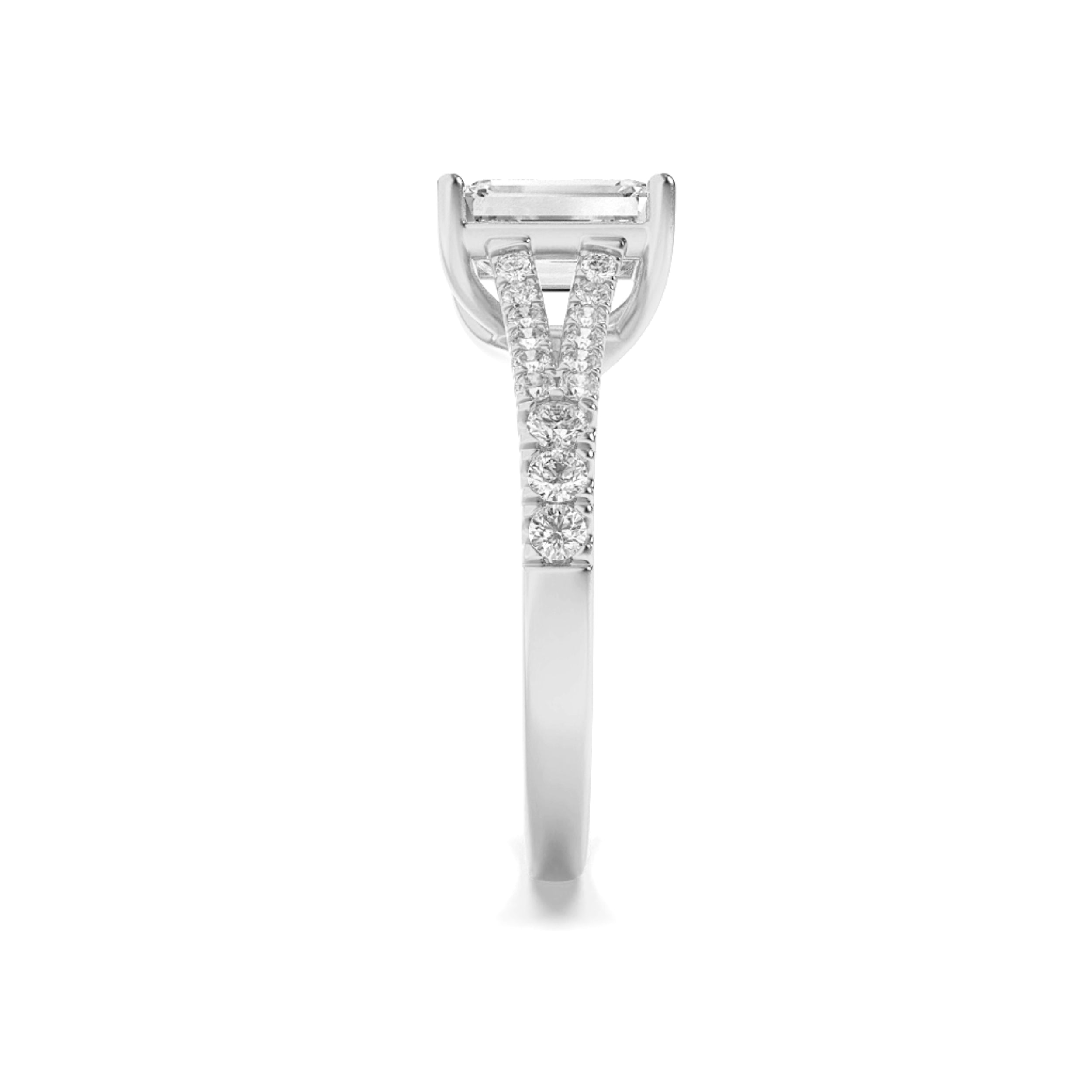2Cttw Emerald Shaped Lab Grown Diamond (F/VS) Split Shank Trellis Engagement Ring in 14K Gold