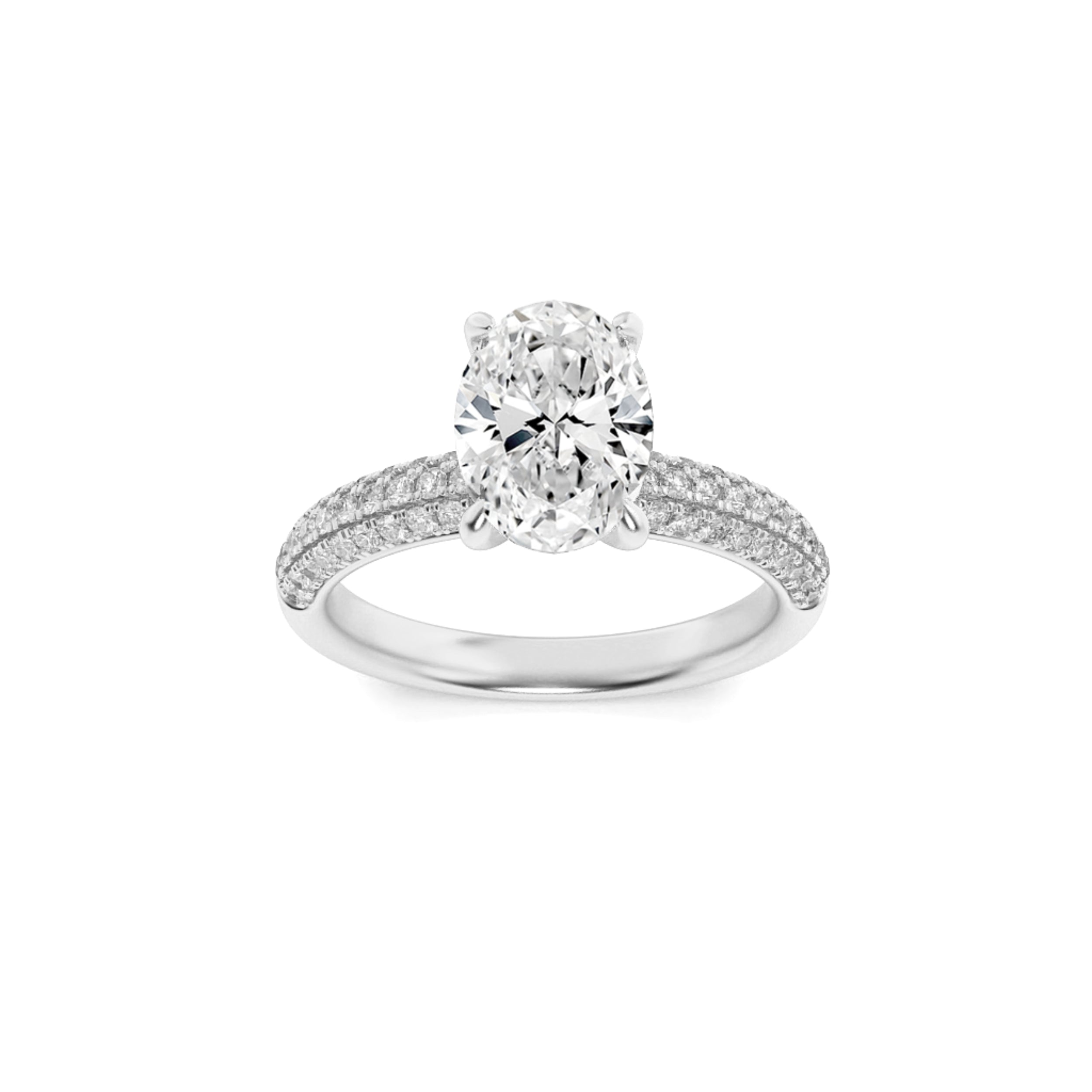 1.5Cttw Oval Shaped Lab Grown Diamond (F/VS) Three Row Micro Pave Engagement Ring in 14K Gold