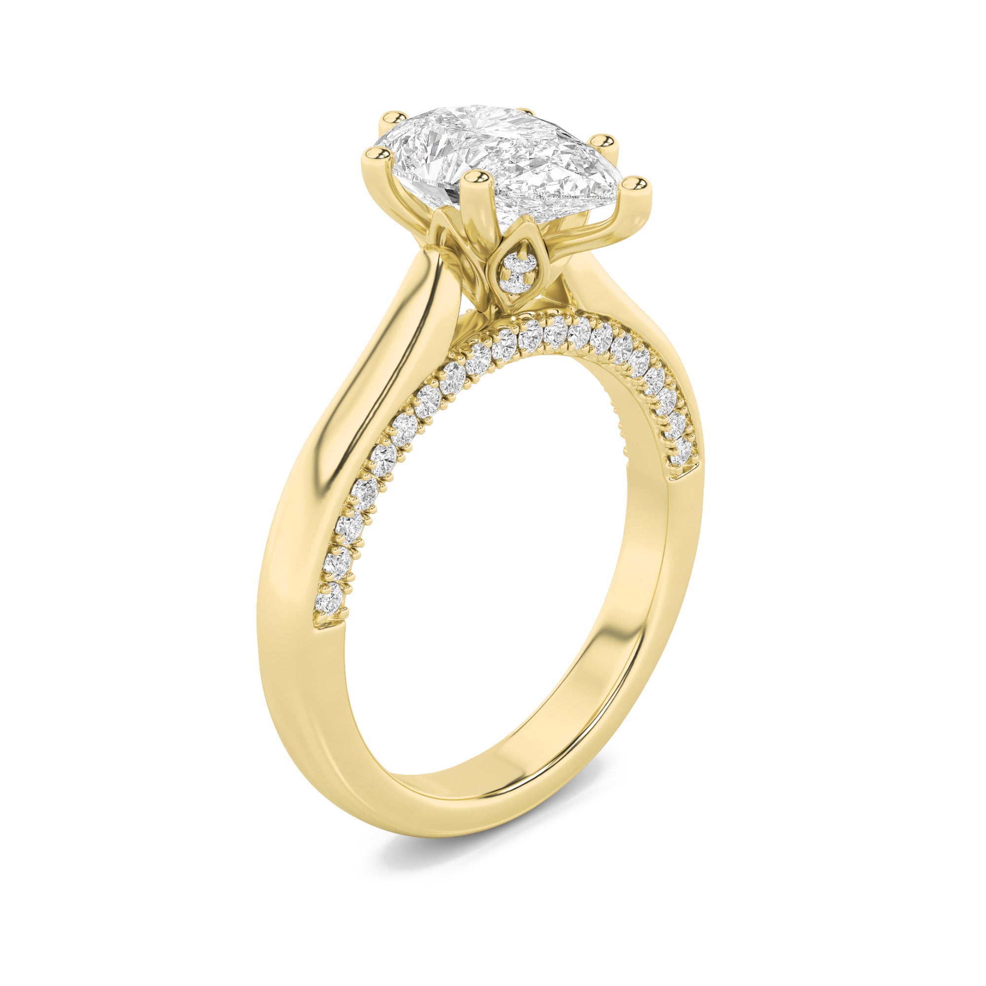 2Cttw Pear Shaped Lab Grown Diamond (F/VS) Tulip Motif Accented Engagement Ring in 14K Gold