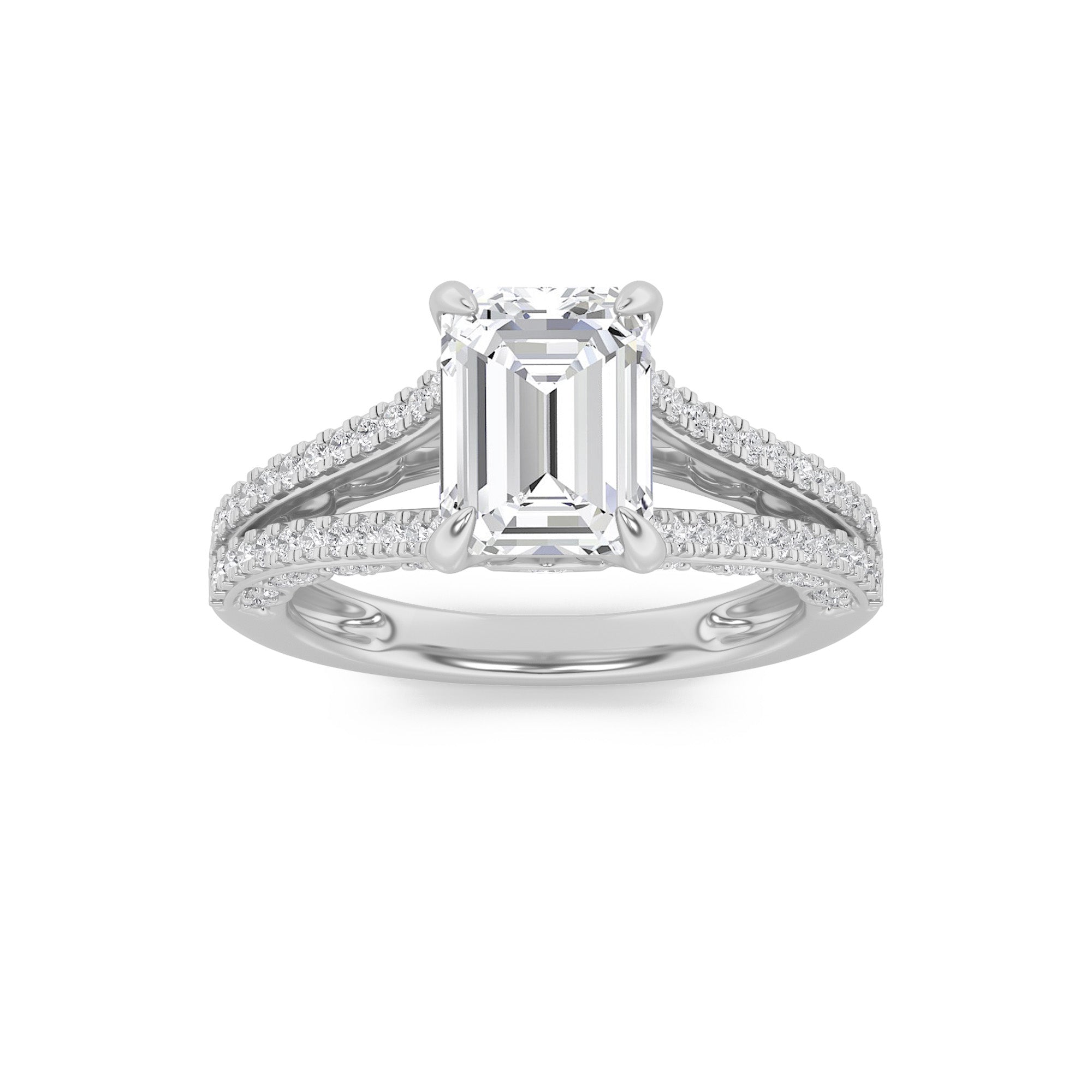 2Cttw Emerald Shaped Lab Grown Diamond (F/VS) Split Shank Accented Engagement Ring in 14K Gold