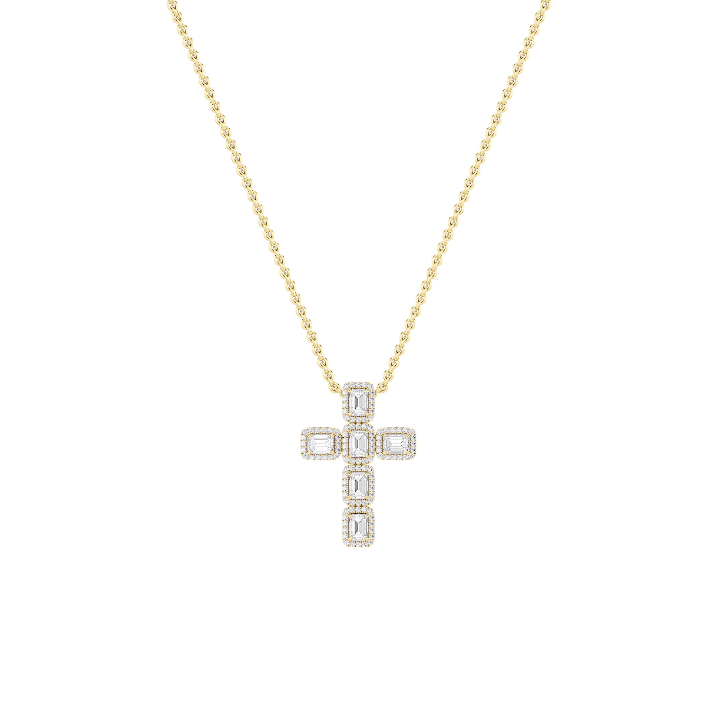 3Cttw Emerald Shaped Lab Grown Diamond (F/VS) Cross Pendant in 14K Gold