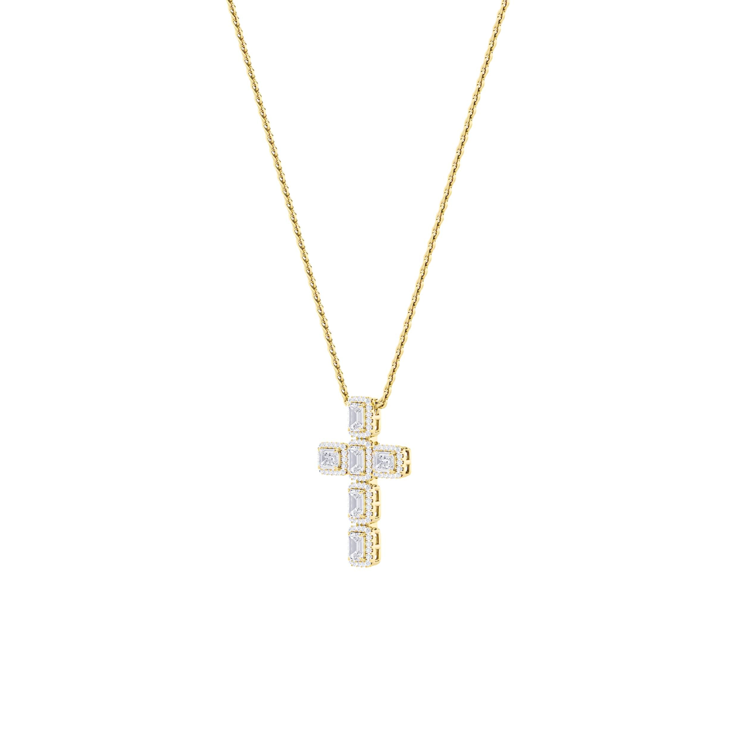 3Cttw Emerald Shaped Lab Grown Diamond (F/VS) Cross Pendant in 14K Gold