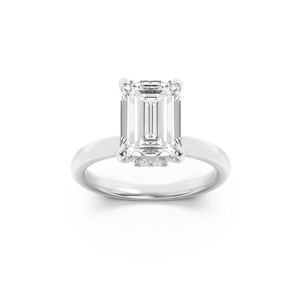 3Cttw Emerald Shaped Lab Grown Diamond (F/VS) Hidden Halo Plain Shank Engagement Ring in 14K Gold